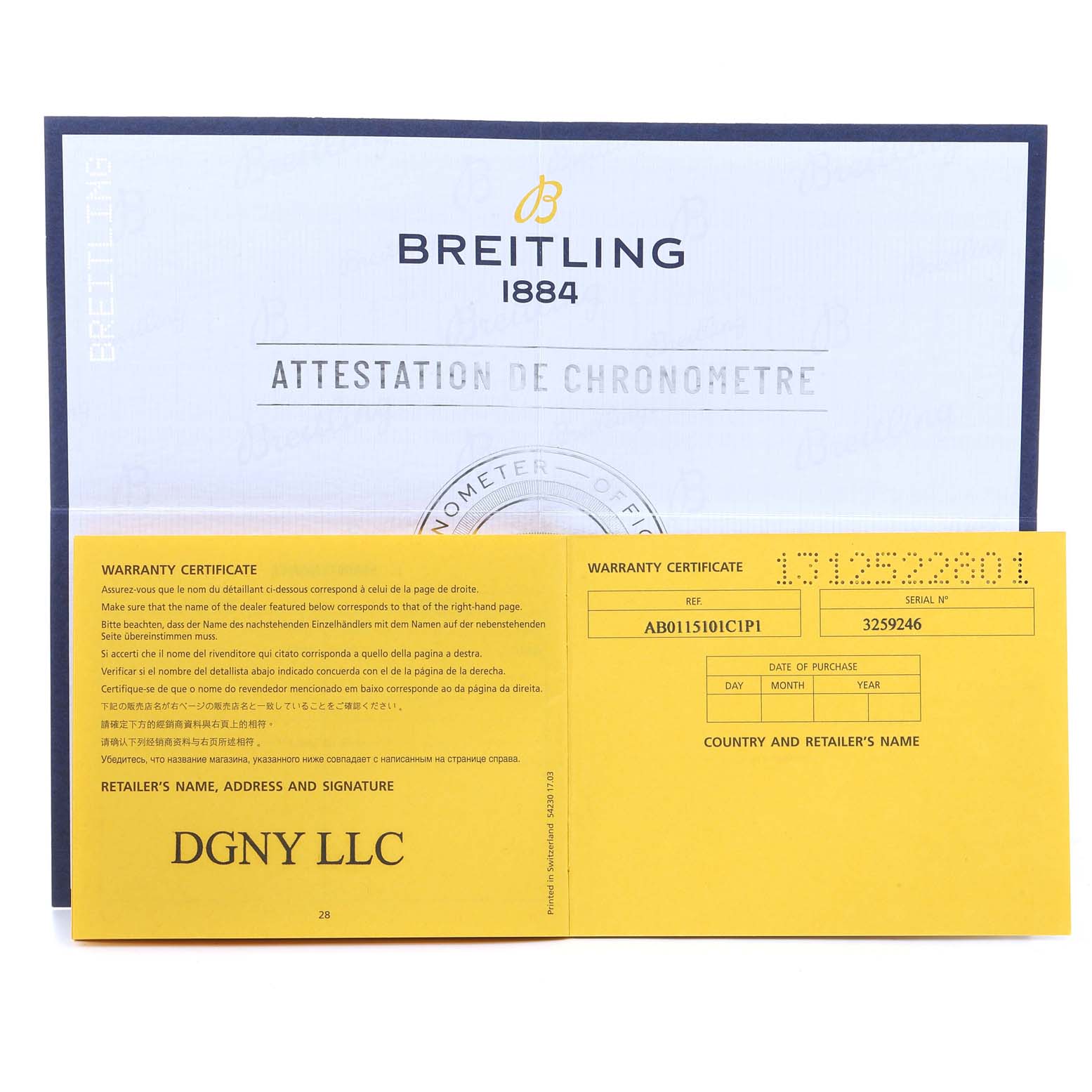This image shows the warranty certificate and chronometer attestation for the Breitling Chronomat AB0115 Men
s Stainless Steel Blue Dial AB0115 Men
s Stainless Steel Blue Dial watch model.