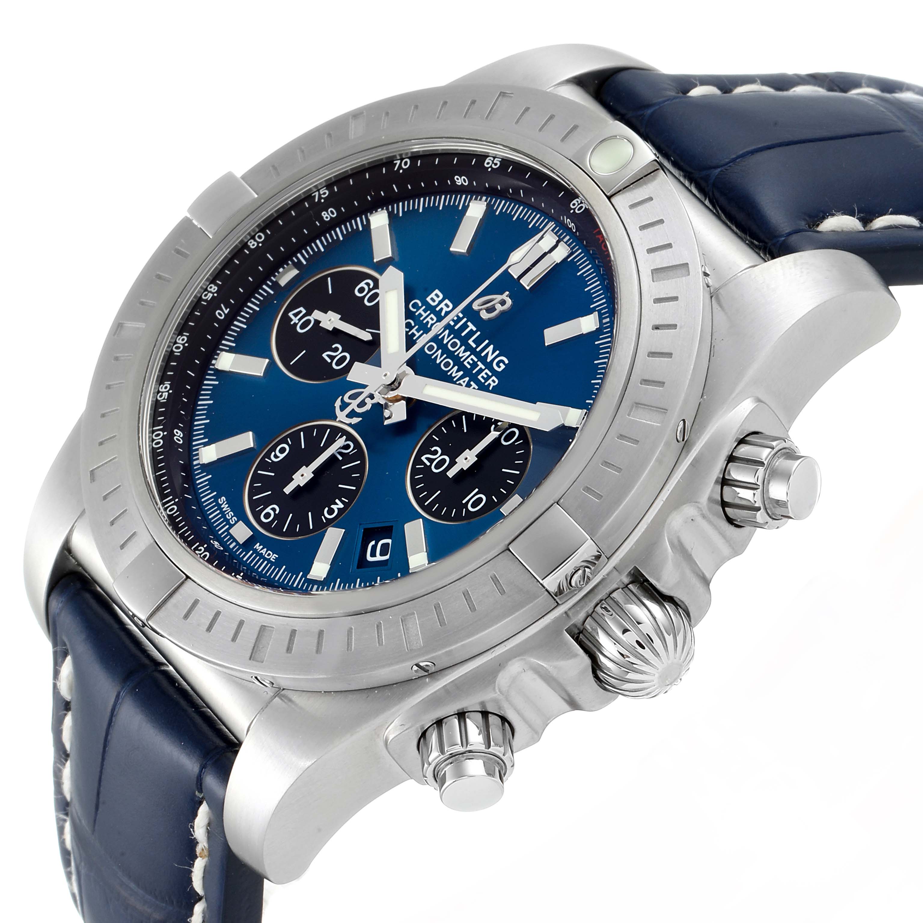 The Breitling Chronomat AB0115 Men
s Stainless Steel Blue Dial AB0115 Men
s Stainless Steel Blue Dial watch is shown at an angled side view, displaying the bezel, crown, pushers, and part of the strap.