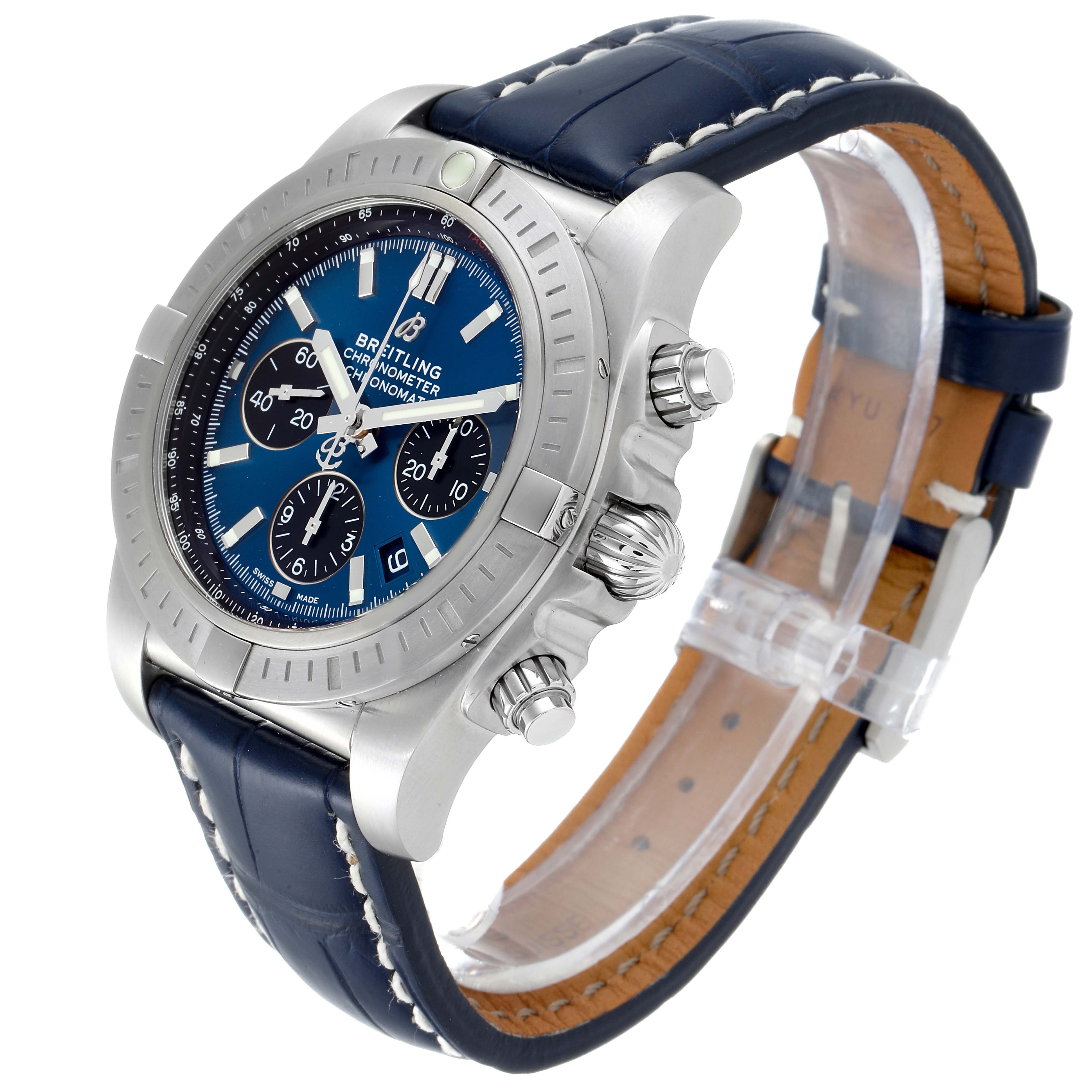 The image shows a Breitling Chronomat AB0115 Men
s Stainless Steel Blue Dial AB0115 Men
s Stainless Steel Blue Dial watch at a slight side angle, highlighting the face, crown, pushers, and leather strap.