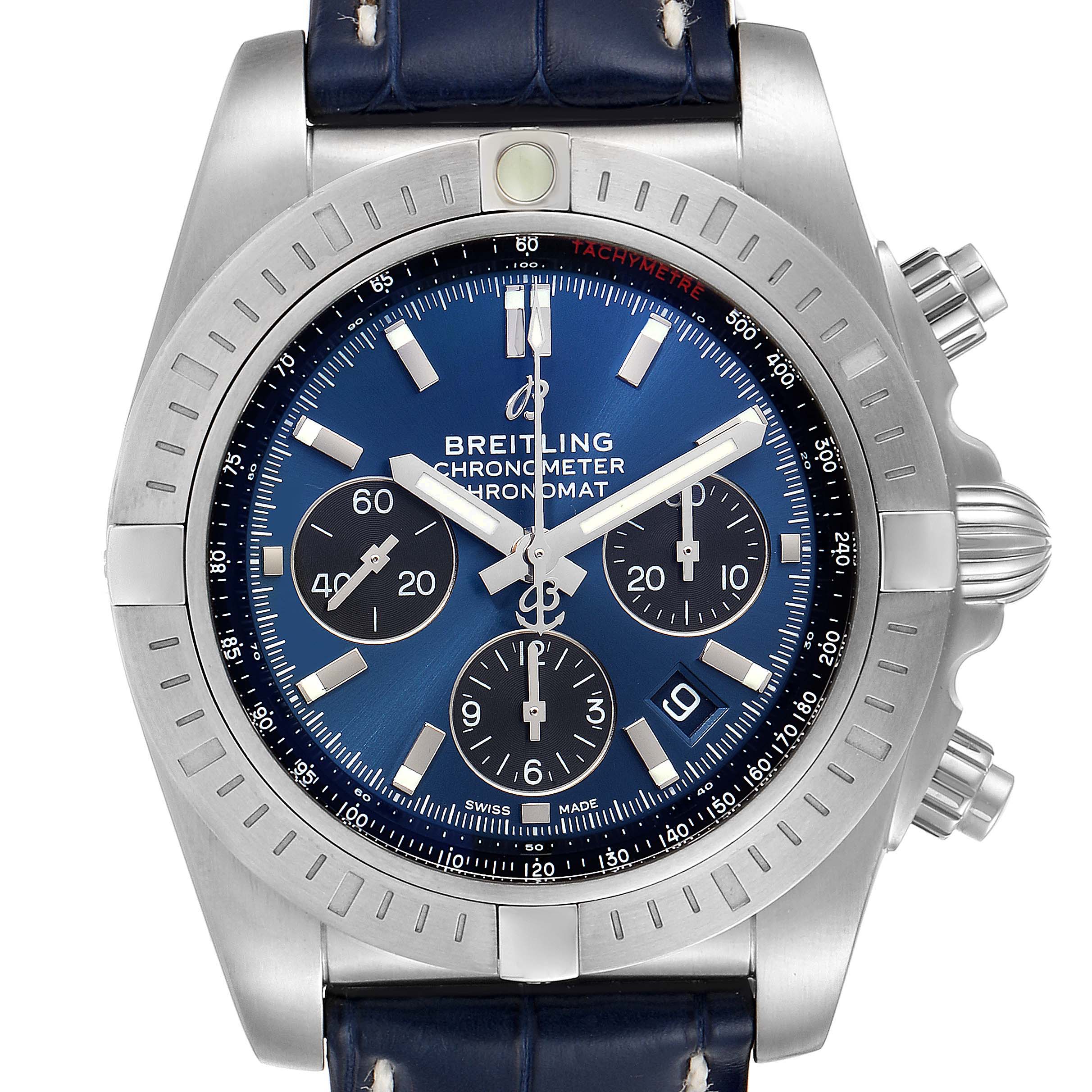 This image shows a frontal view of the Breitling Chronomat AB0115 Men
s Stainless Steel Blue Dial AB0115 Men
s Stainless Steel Blue Dial watch, displaying its blue dial, chronograph subdials, and bezel.