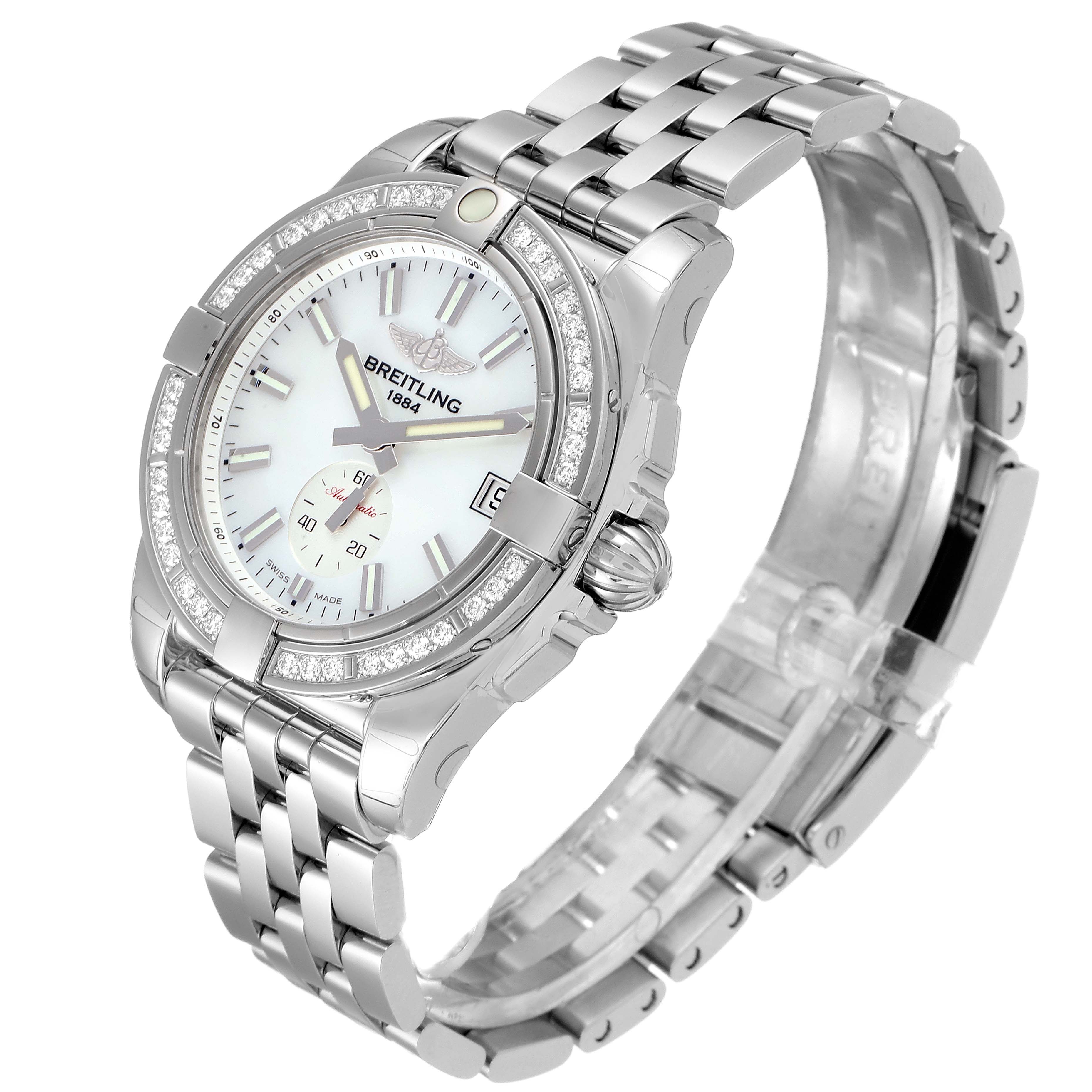 The image shows a Breitling A37330 Women's Stainless Steel Mother of Pearl Dial A37330 Women's Stainless Steel Mother of Pearl Dial Galactic 36 MOP Diamond Steel Ladies Watch A37330 at a three-quarter angle highlighting its face and bracelet.