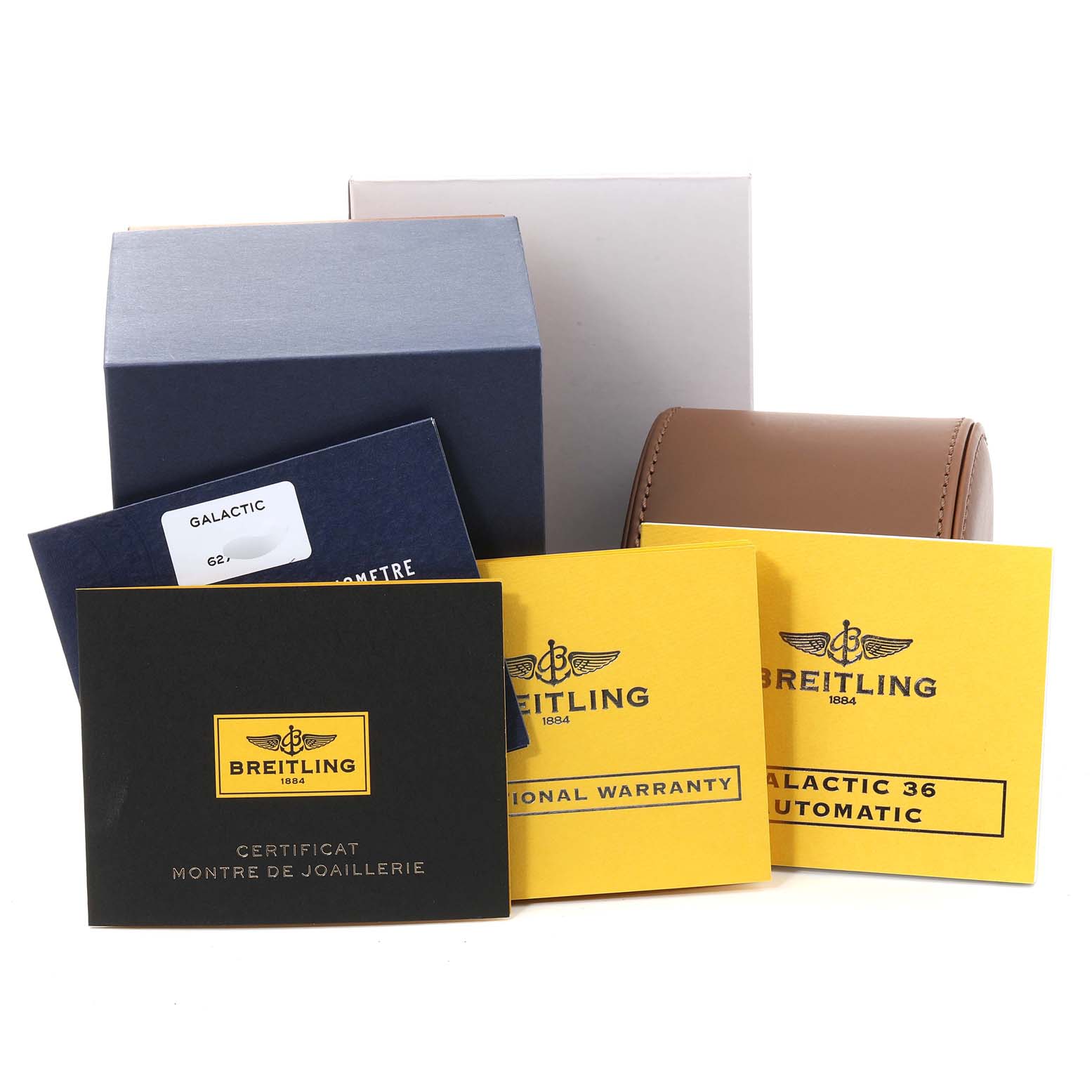 The image shows the packaging, warranty cards, and accessories for the Breitling A37330 Women's Stainless Steel Mother of Pearl Dial A37330 Women's Stainless Steel Mother of Pearl Dial Galactic 36 MOP Diamond Steel Ladies Watch A37330.