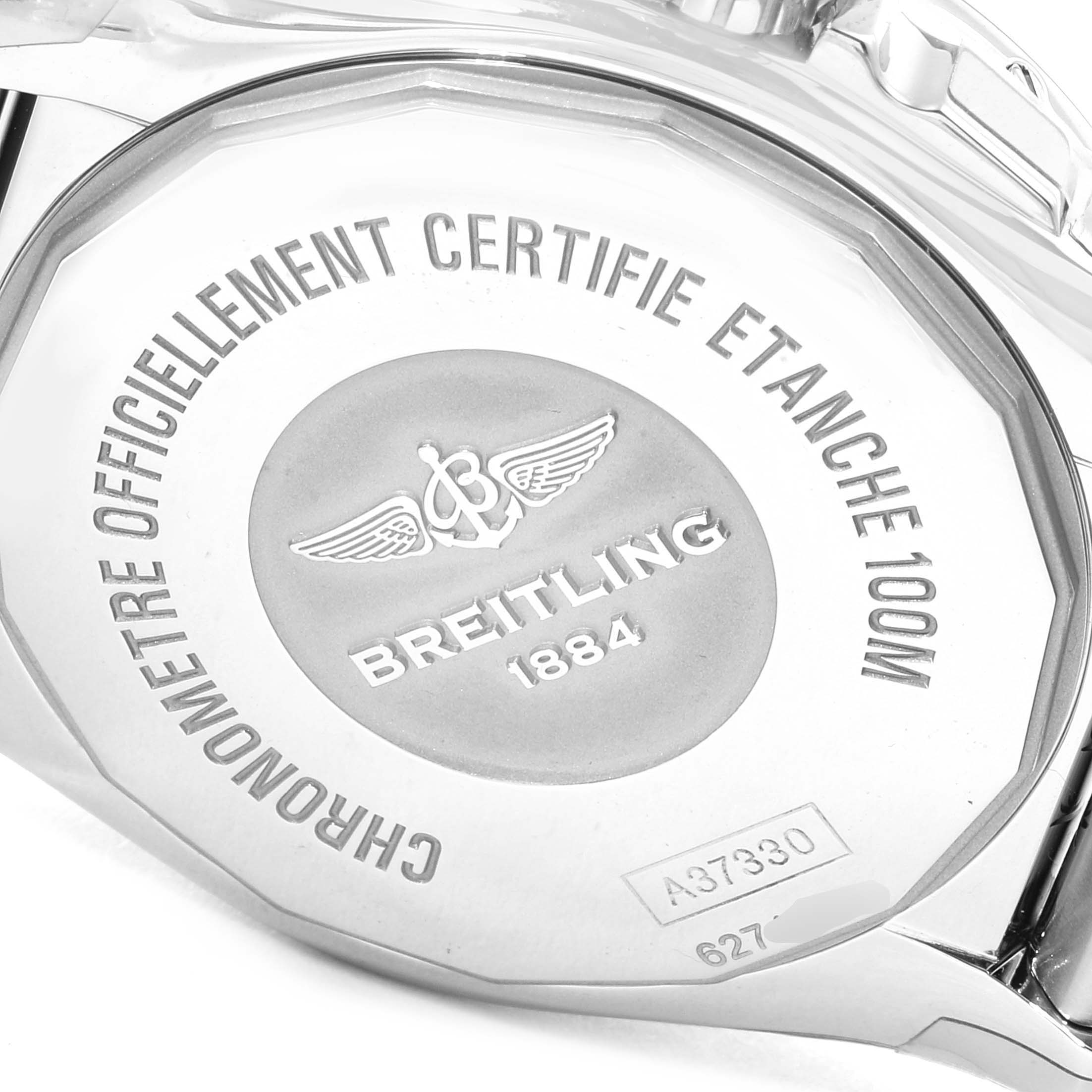 This is the back view of the Breitling A37330 Women's Stainless Steel Mother of Pearl Dial A37330 Women's Stainless Steel Mother of Pearl Dial Galactic 36 MOP Diamond Steel Ladies Watch, model A37330.