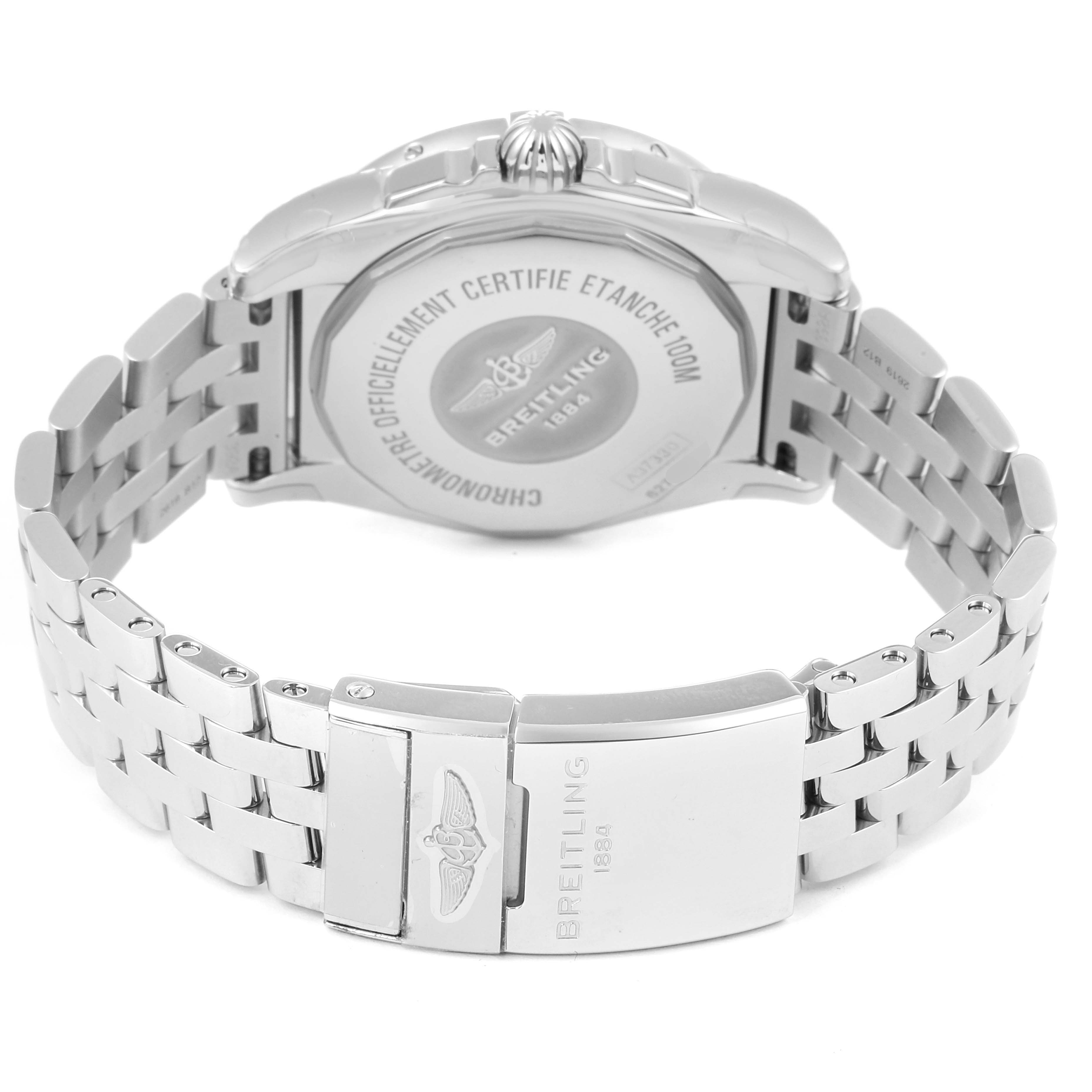 The image shows the back and bracelet of a Breitling A37330 Women's Stainless Steel Mother of Pearl Dial A37330 Women's Stainless Steel Mother of Pearl Dial Galactic 36 MOP Diamond Steel Ladies Watch A37330 Unworn model.