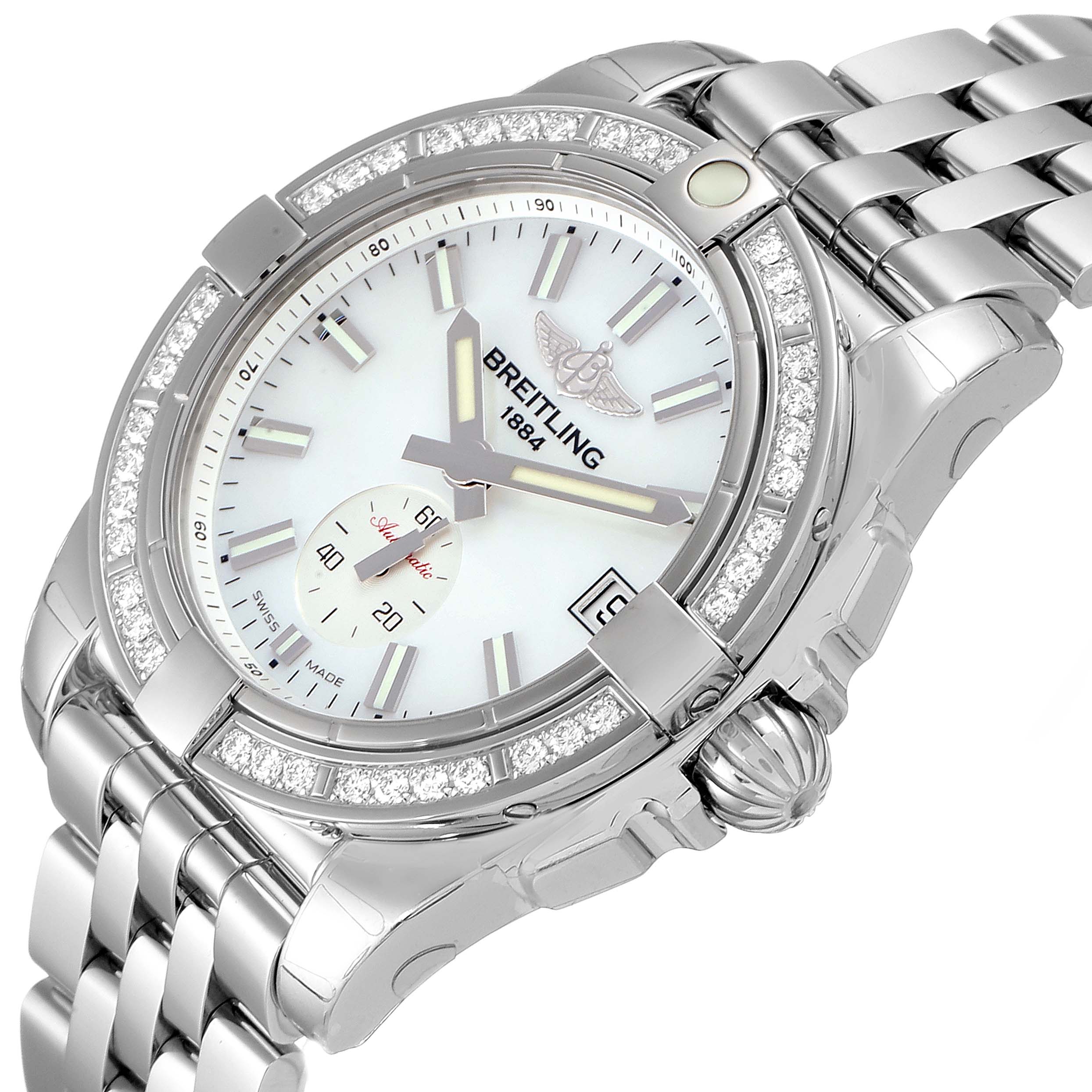 The image shows a close-up view of a Breitling A37330 Women's Stainless Steel Mother of Pearl Dial A37330 Women's Stainless Steel Mother of Pearl Dial Galactic 36 MOP Diamond Steel Ladies Watch A37330, highlighting the dial, bezel, and bracelet.