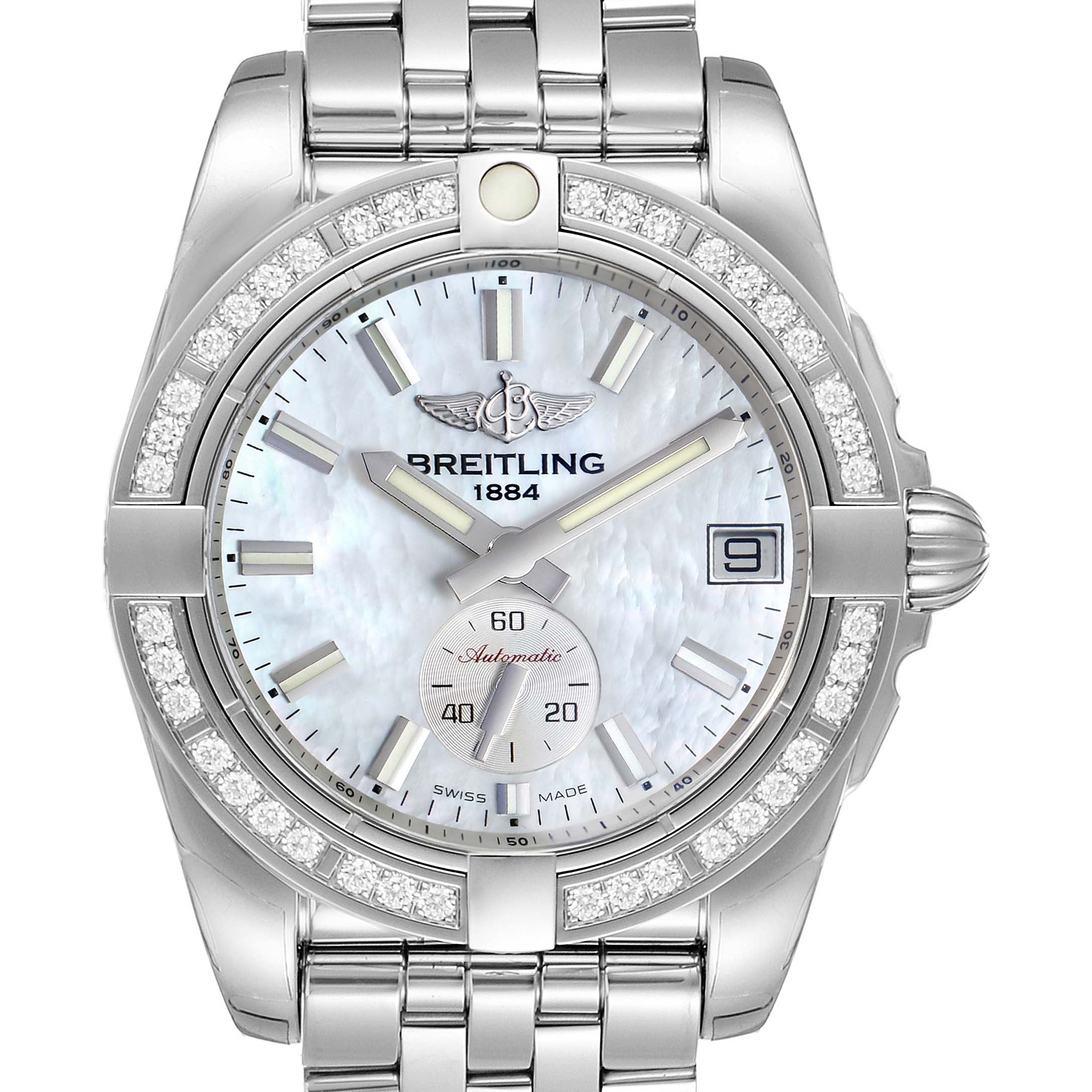 This image shows a Breitling A37330 Women's Stainless Steel Mother of Pearl Dial A37330 Women's Stainless Steel Mother of Pearl Dial Galactic 36 MOP Diamond Steel Ladies Watch A37330, with a front view emphasizing the dial and bezels.