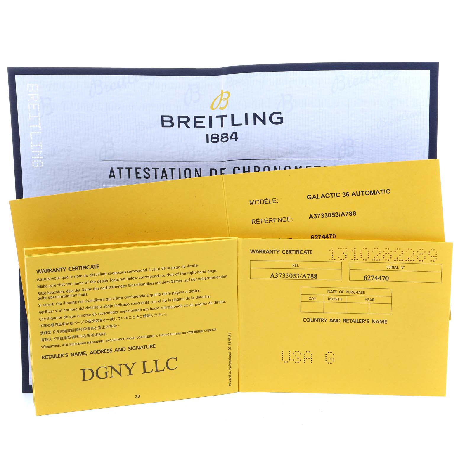 The image features warranty certificates and documents for the Breitling A37330 Women's Stainless Steel Mother of Pearl Dial A37330 Women's Stainless Steel Mother of Pearl Dial Galactic 36 MOP Diamond Steel Ladies Watch model A37330.