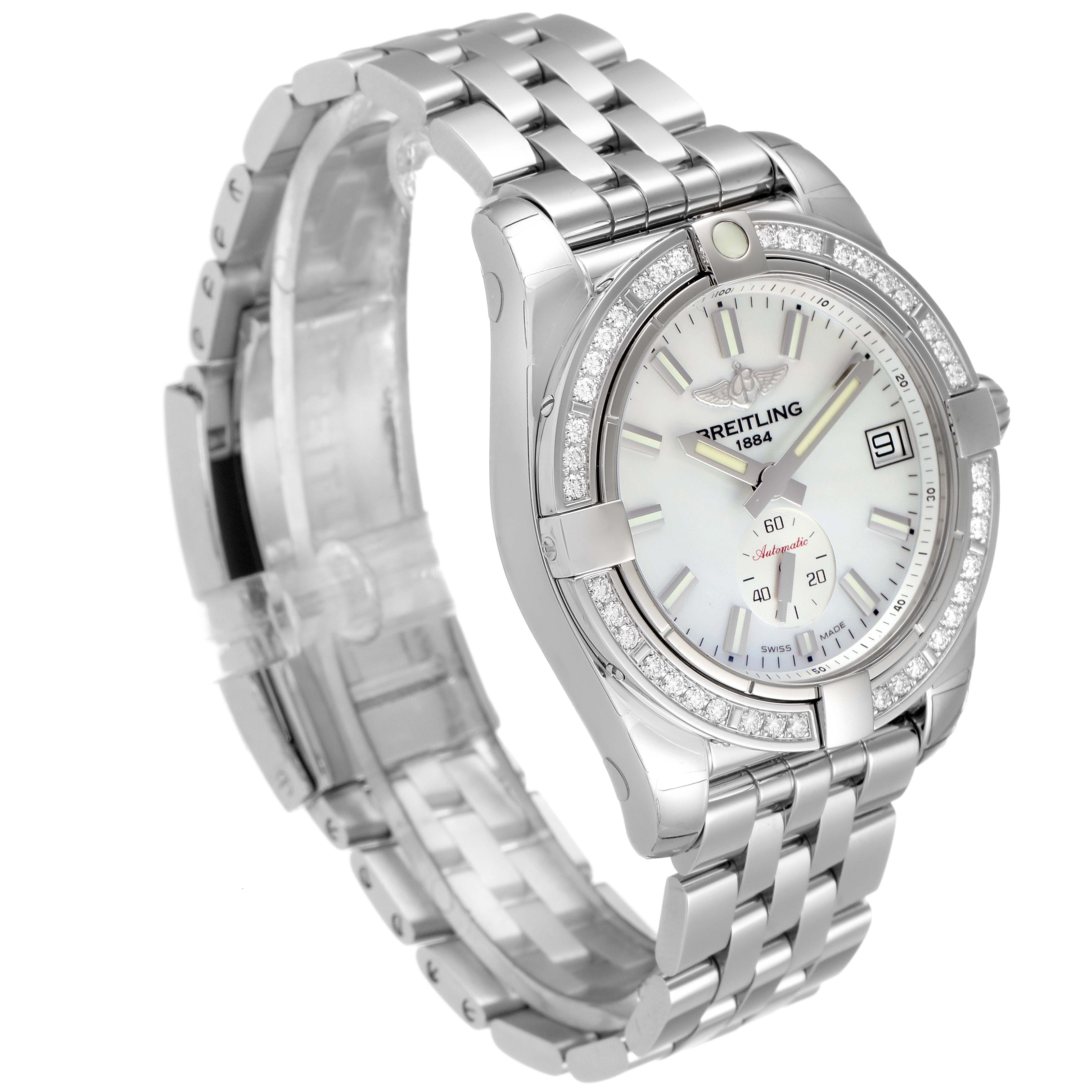 This image showcases a Breitling A37330 Women's Stainless Steel Mother of Pearl Dial A37330 Women's Stainless Steel Mother of Pearl Dial Galactic 36 MOP Diamond Steel Ladies Watch A37330 from an angled view, highlighting the dial, bezel, and bracelet.