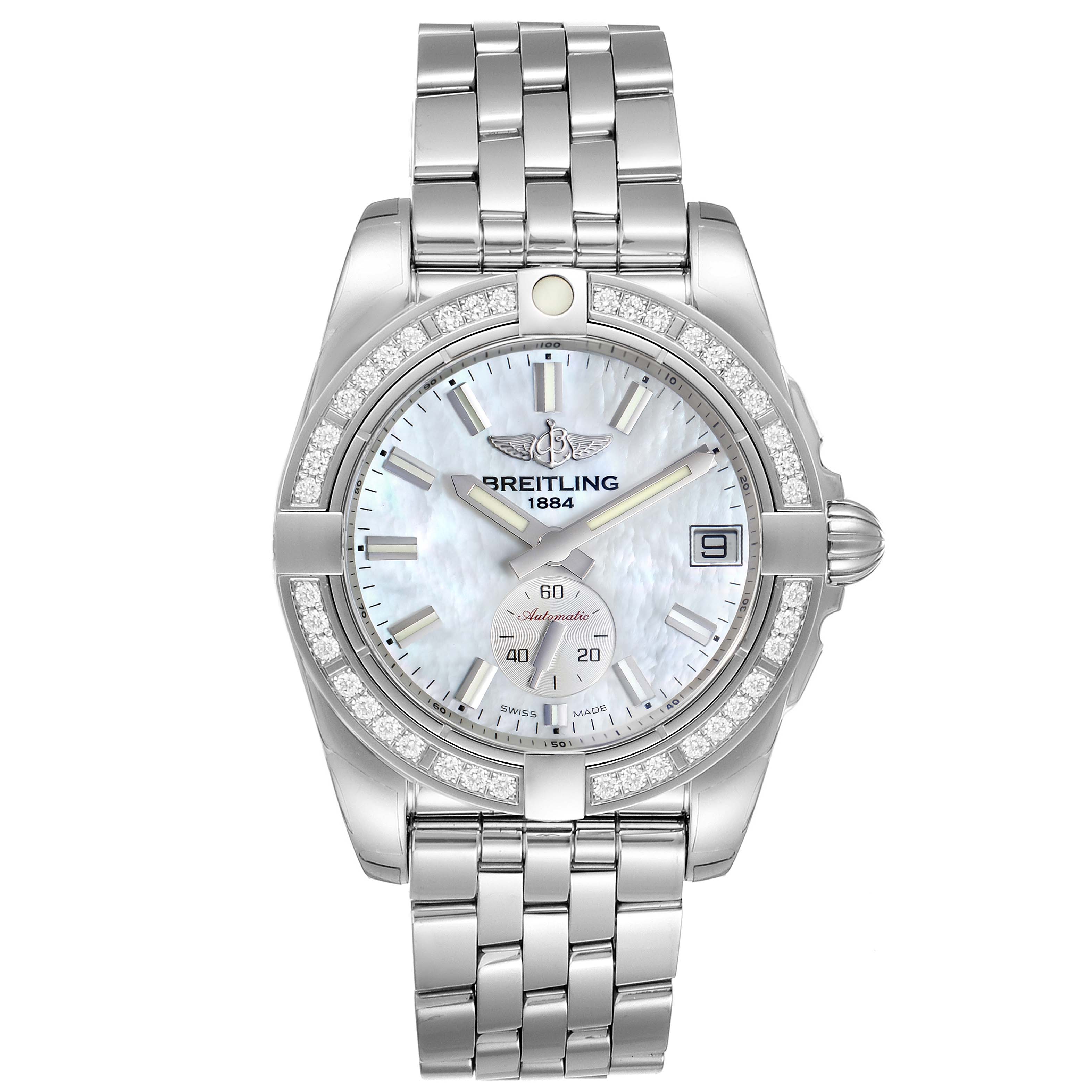 The image shows a front view of the Breitling A37330 Women's Stainless Steel Mother of Pearl Dial A37330 Women's Stainless Steel Mother of Pearl Dial Galactic 36 MOP Diamond Steel Ladies Watch model A37330, displaying its face, bezel, and bracelet.