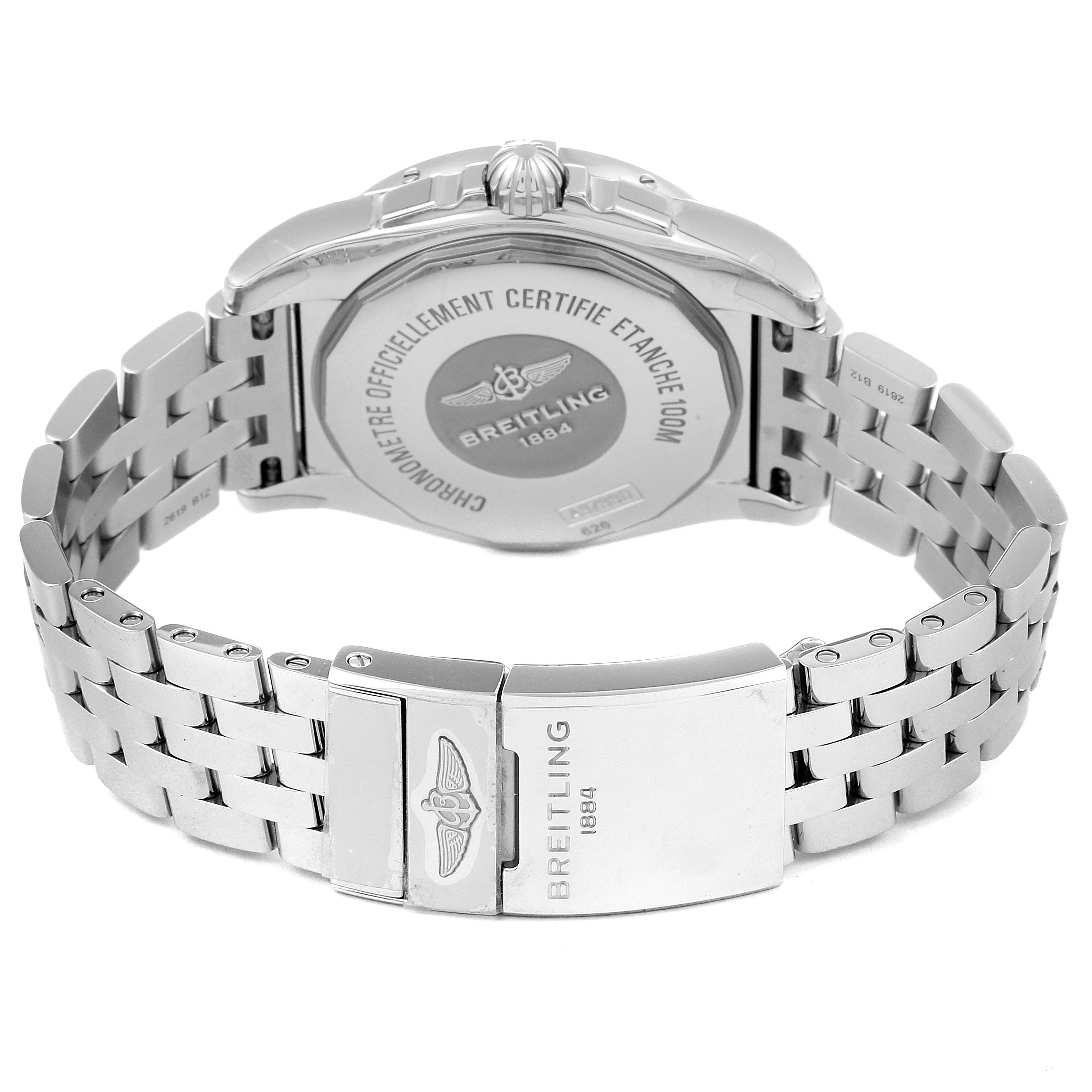 This image shows the backside and bracelet clasp of a Breitling Galactic A37330 Men's Stainless Steel Mother of Pearl Dial A37330 Men's Stainless Steel Mother of Pearl Dial watch.