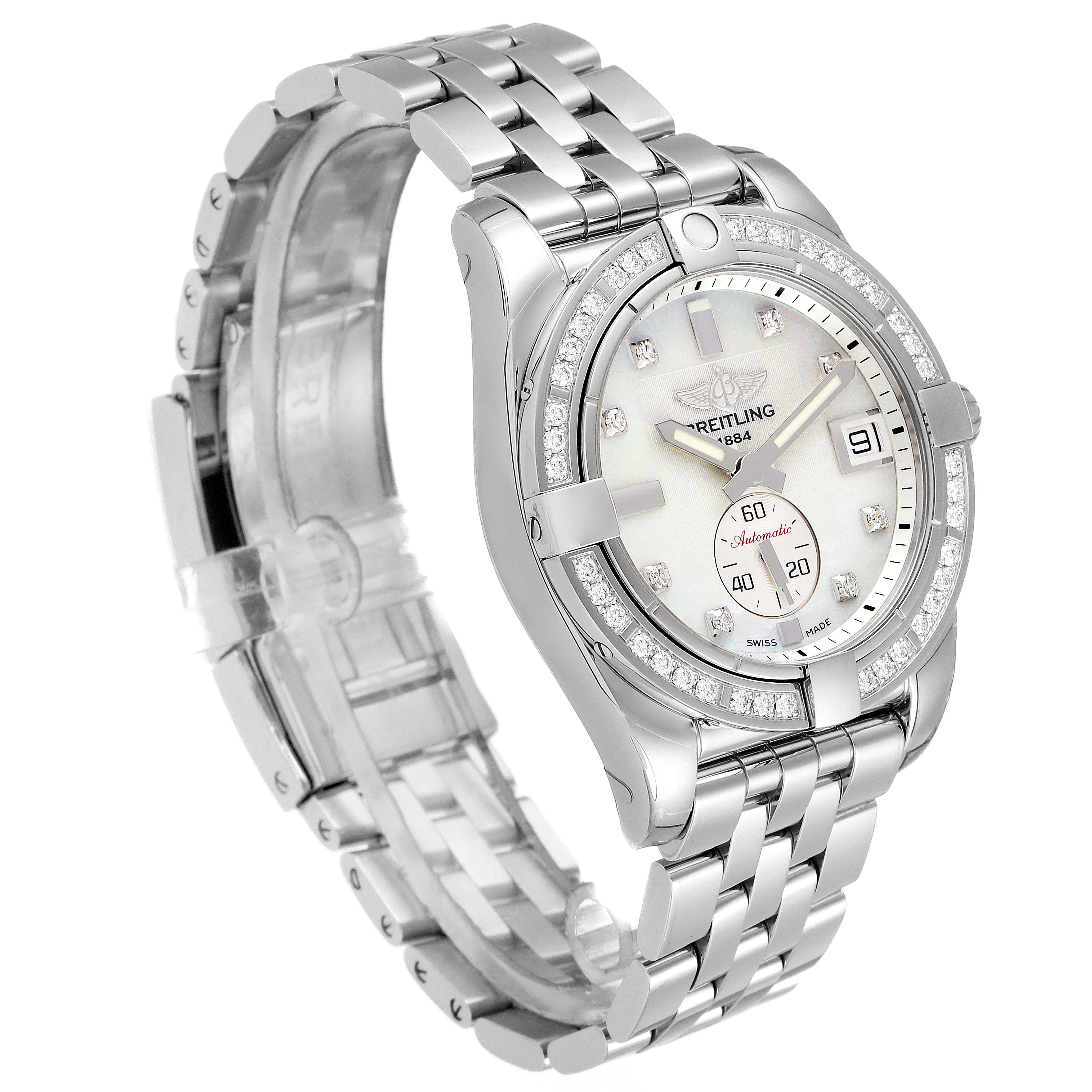 This image shows a Breitling Galactic A37330 Men's Stainless Steel Mother of Pearl Dial A37330 Men's Stainless Steel Mother of Pearl Dial watch at a slight angle, focusing on the face, bezel, and part of the metal bracelet.