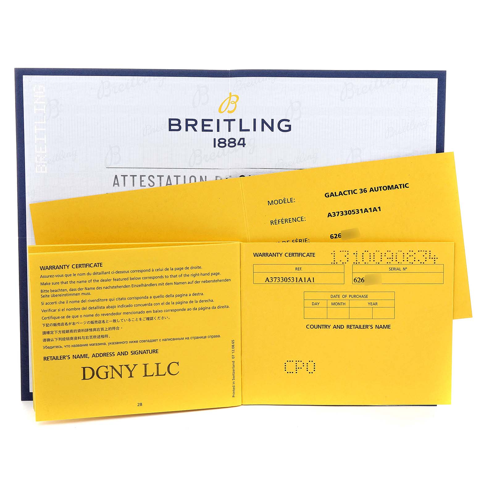 This image shows the warranty certificate and booklet for the Breitling Galactic A37330 Men's Stainless Steel Mother of Pearl Dial A37330 Men's Stainless Steel Mother of Pearl Dial 36 Automatic watch.
