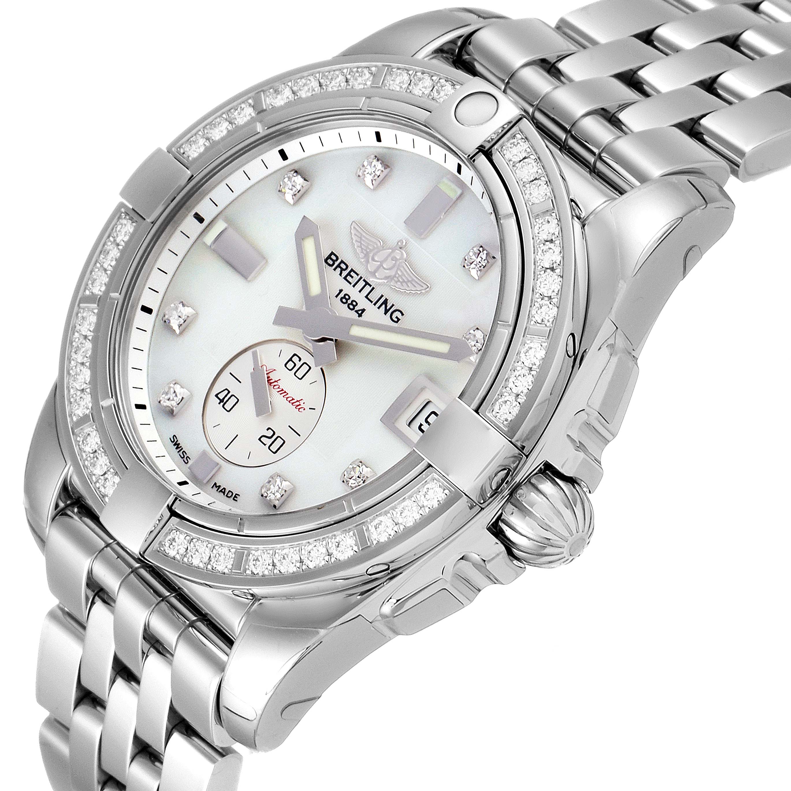The image shows a close-up angled view of the Breitling Galactic A37330 Men's Stainless Steel Mother of Pearl Dial A37330 Men's Stainless Steel Mother of Pearl Dial watch, focusing on the face, bezel, and part of the band.