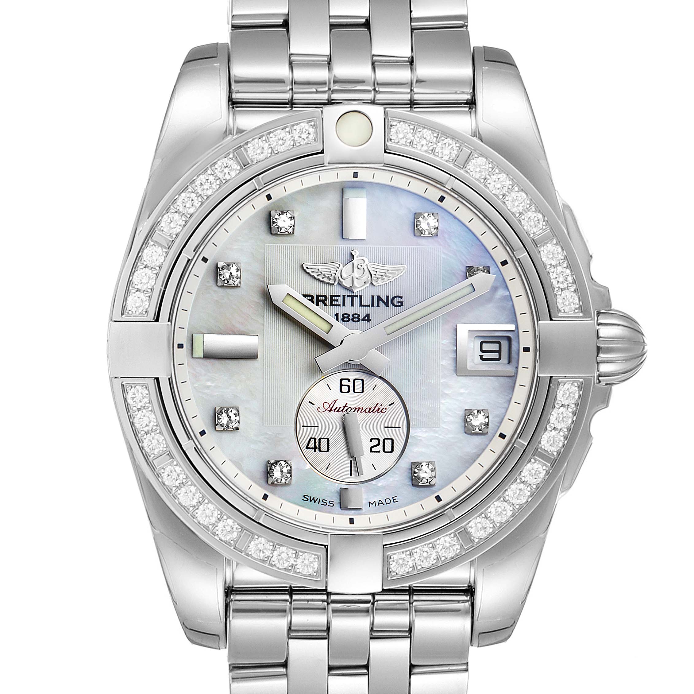 The image shows a front view of the Breitling Galactic A37330 Men's Stainless Steel Mother of Pearl Dial A37330 Men's Stainless Steel Mother of Pearl Dial watch, highlighting its diamond bezel, mother-of-pearl dial, and metal bracelet.