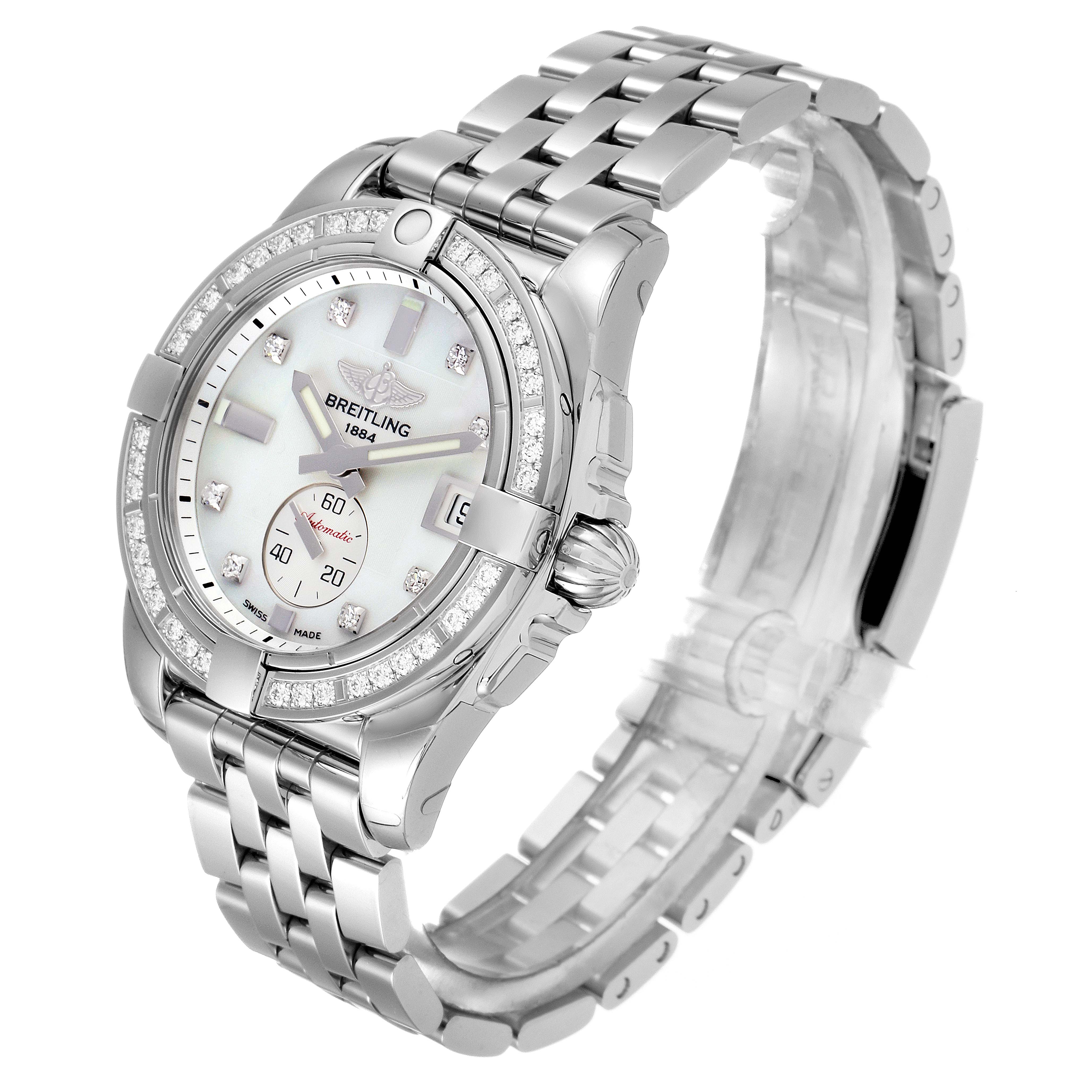 The Breitling Galactic A37330 Men's Stainless Steel Mother of Pearl Dial A37330 Men's Stainless Steel Mother of Pearl Dial watch is shown at a slight angle, displaying the face, bezel, crown, and part of the bracelet.