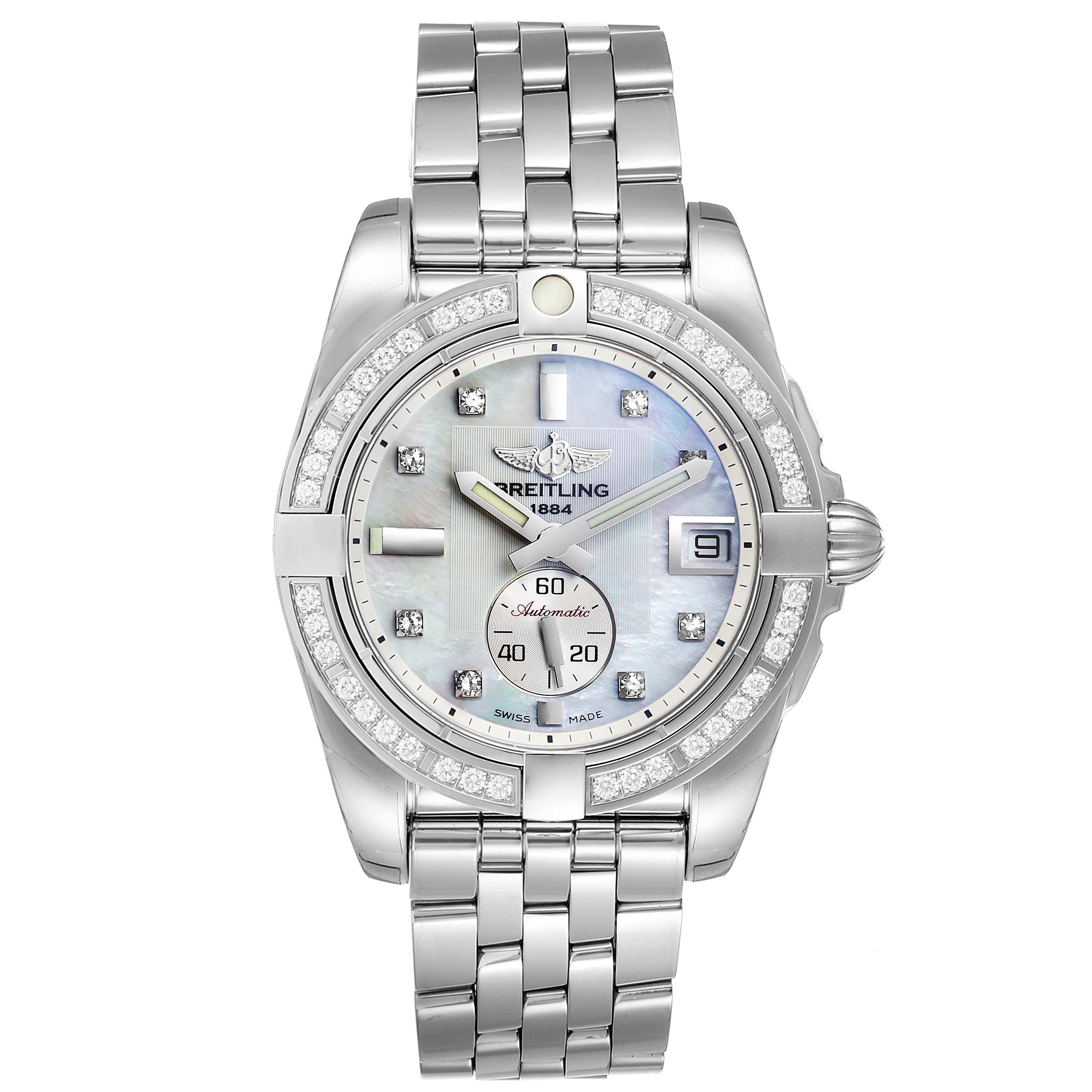 The image shows a Breitling Galactic A37330 Men's Stainless Steel Mother of Pearl Dial A37330 Men's Stainless Steel Mother of Pearl Dial model watch from a straight-on angle, highlighting the face, bezel, and bracelet.