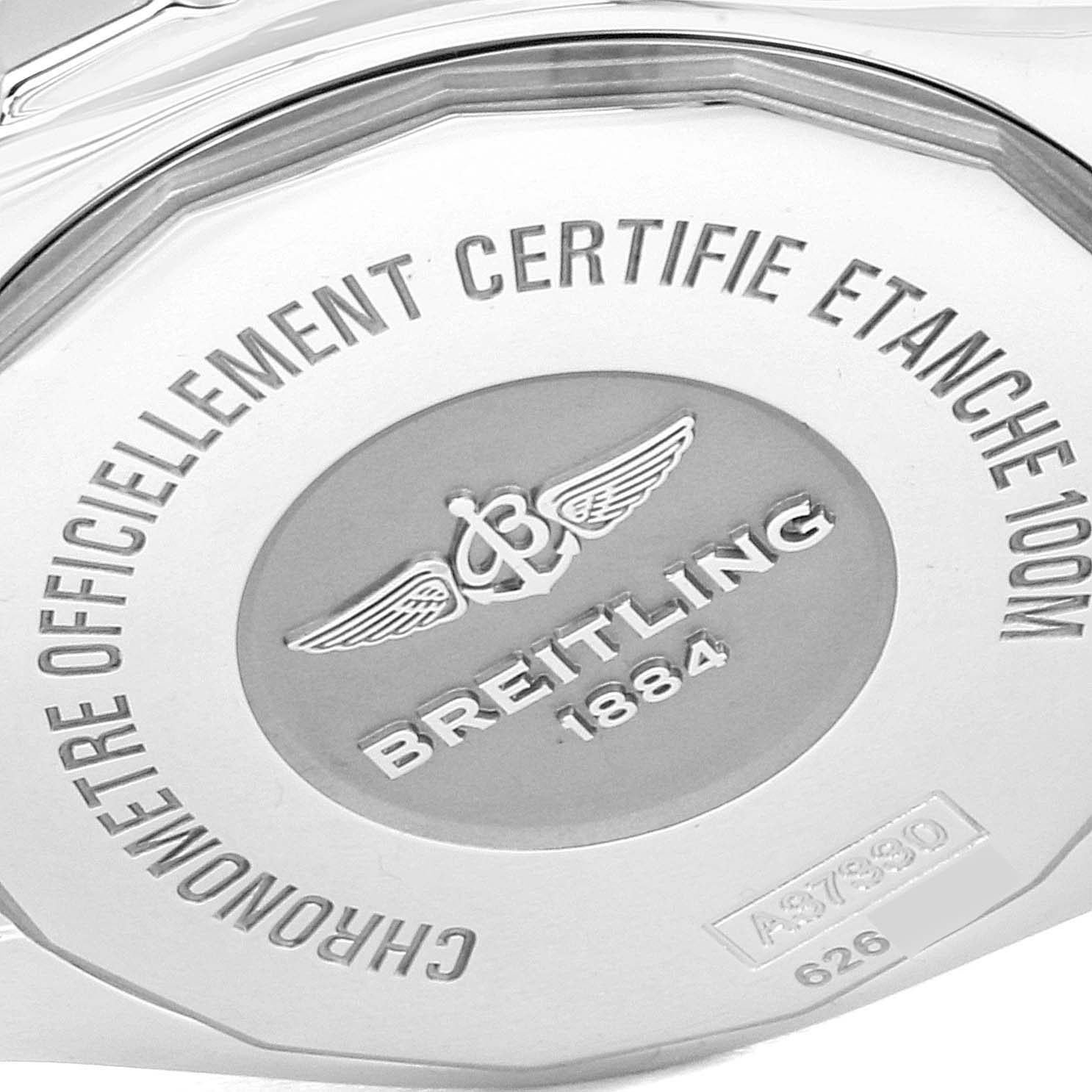 The image shows the case back of the Breitling Galactic A37330 Men's Stainless Steel Mother of Pearl Dial A37330 Men's Stainless Steel Mother of Pearl Dial watch model, displaying brand markings and specifications.