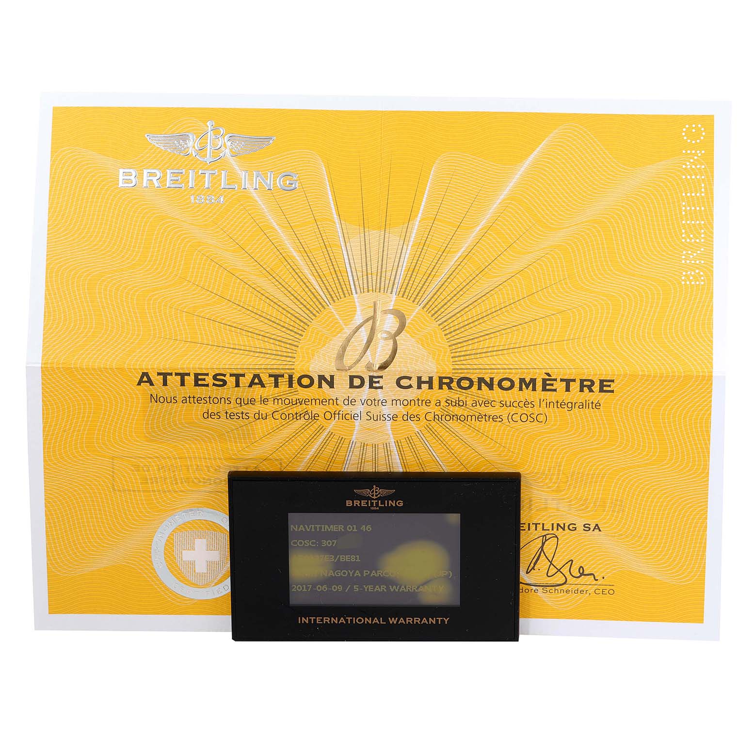 The image shows an official certificate and an international warranty card for the Breitling Navitimer AB0127 Men's Stainless Steel Black Dial AB0127 Men's Stainless Steel Black Dial watch.