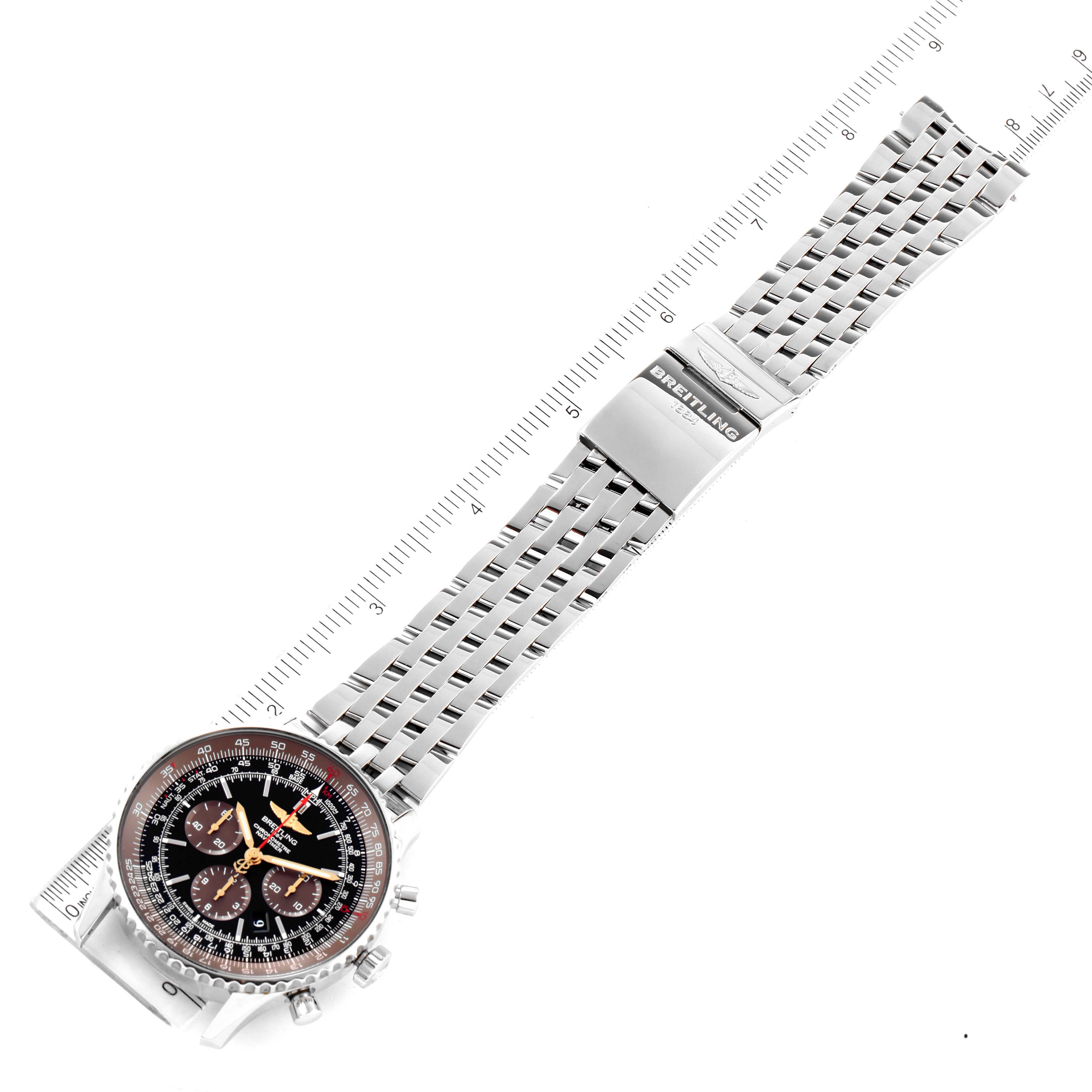 The image shows a Breitling Navitimer AB0127 Men's Stainless Steel Black Dial AB0127 Men's Stainless Steel Black Dial watch from a top-down angle, displaying its face, full stainless steel bracelet, and clasp.