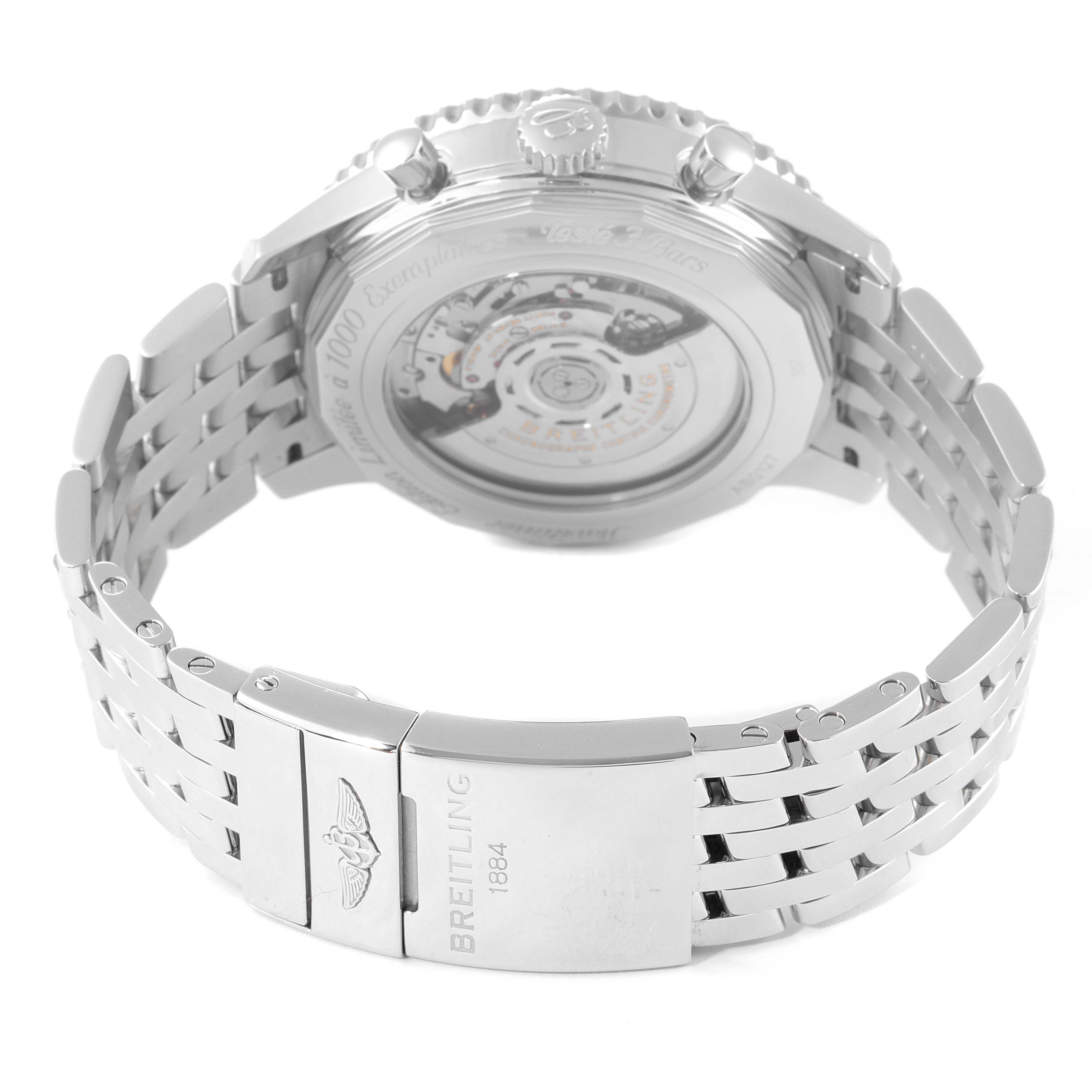 This image shows the back view of a Breitling Navitimer AB0127 Men's Stainless Steel Black Dial AB0127 Men's Stainless Steel Black Dial watch, highlighting the stainless steel bracelet and the transparent case back.