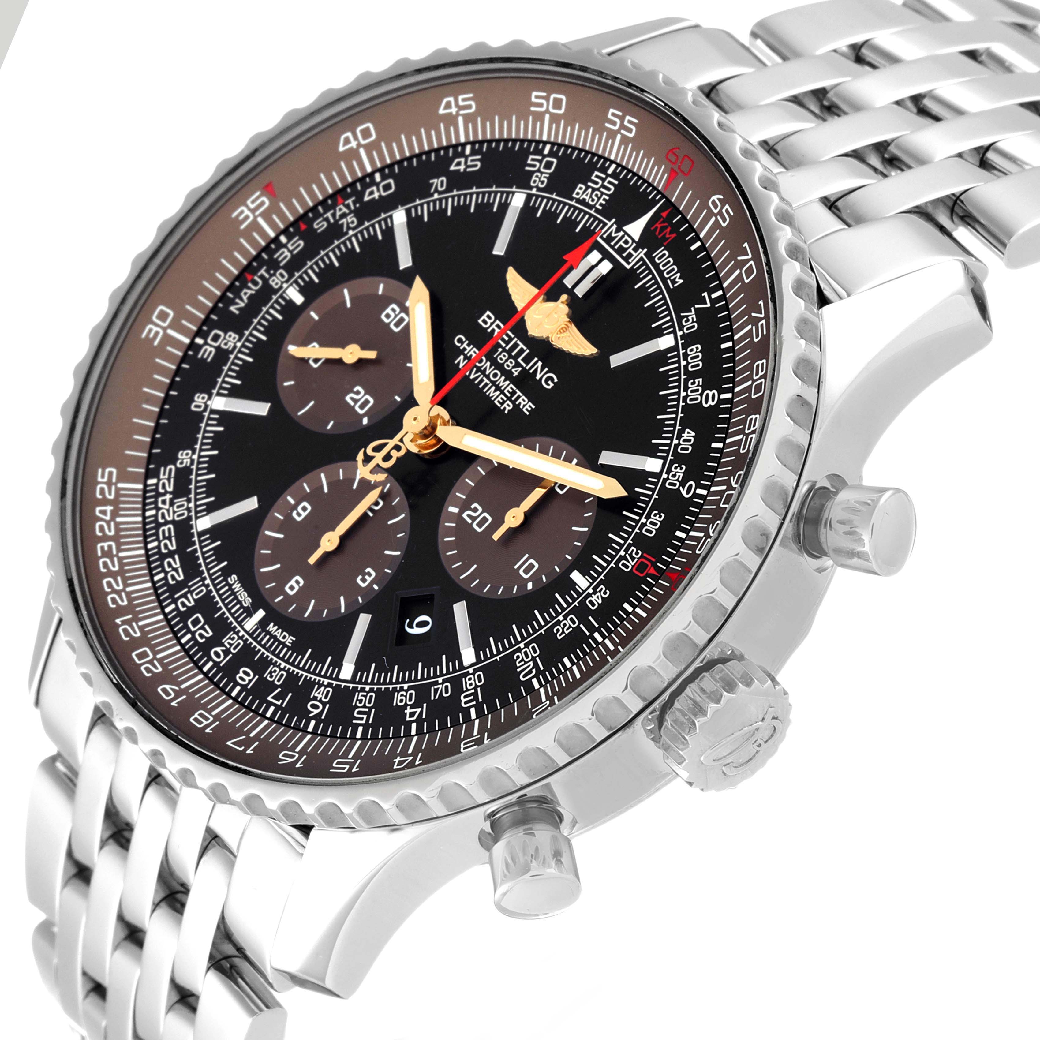 The image shows a close-up angle of a Breitling Navitimer AB0127 Men's Stainless Steel Black Dial AB0127 Men's Stainless Steel Black Dial watch, highlighting its face, bezel, and bracelet.