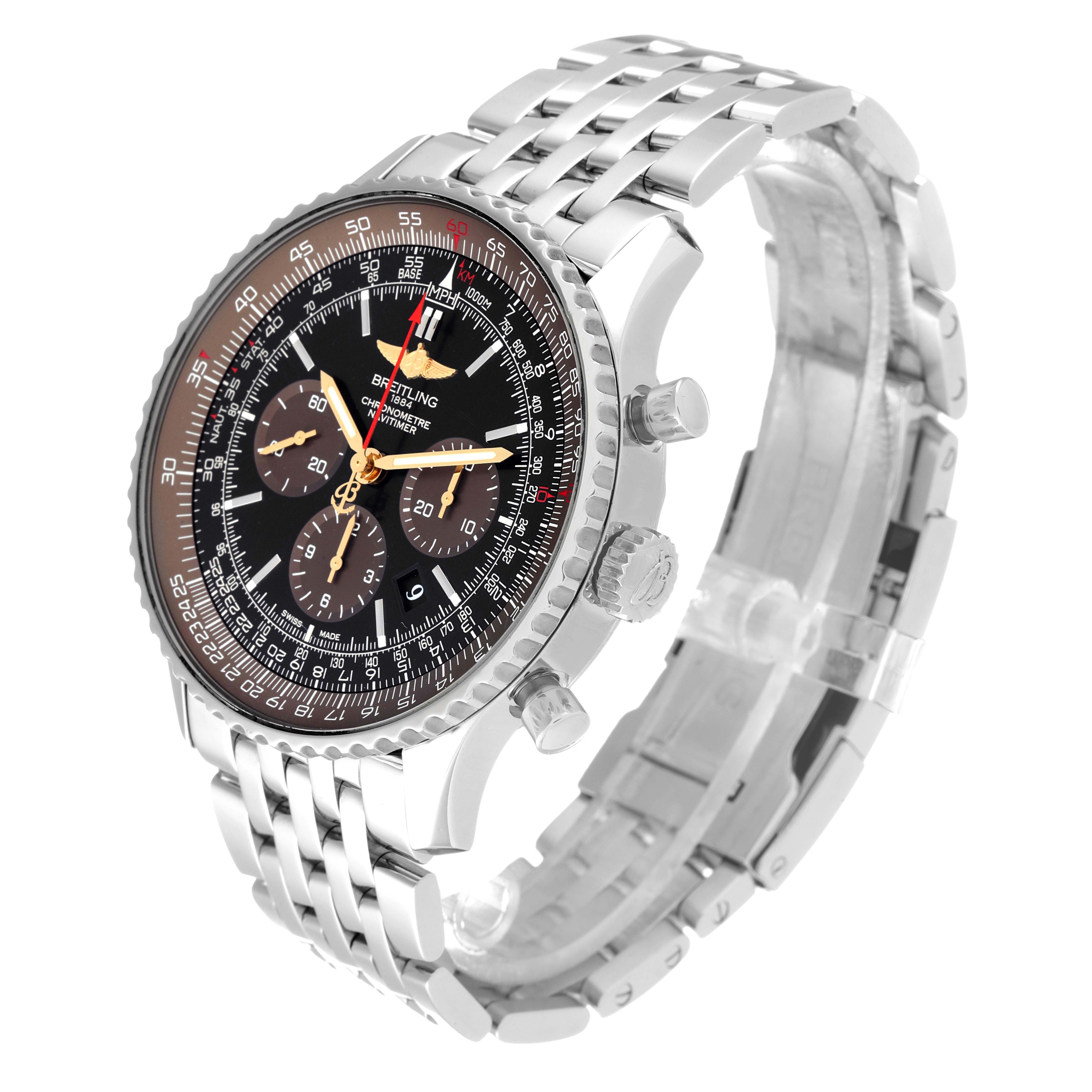 This image shows a Breitling Navitimer AB0127 Men's Stainless Steel Black Dial AB0127 Men's Stainless Steel Black Dial watch at a three-quarter angle, displaying the dial, bezel, crown, and stainless steel bracelet.