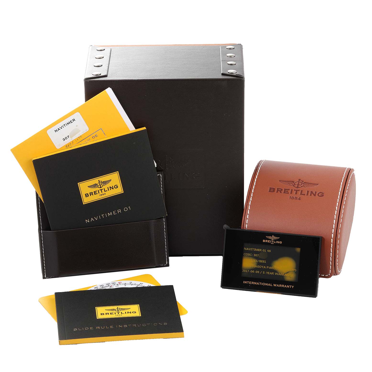 The image shows the packaging and accessories of a Breitling Navitimer AB0127 Men's Stainless Steel Black Dial AB0127 Men's Stainless Steel Black Dial watch, including booklets, a case, and warranty card.