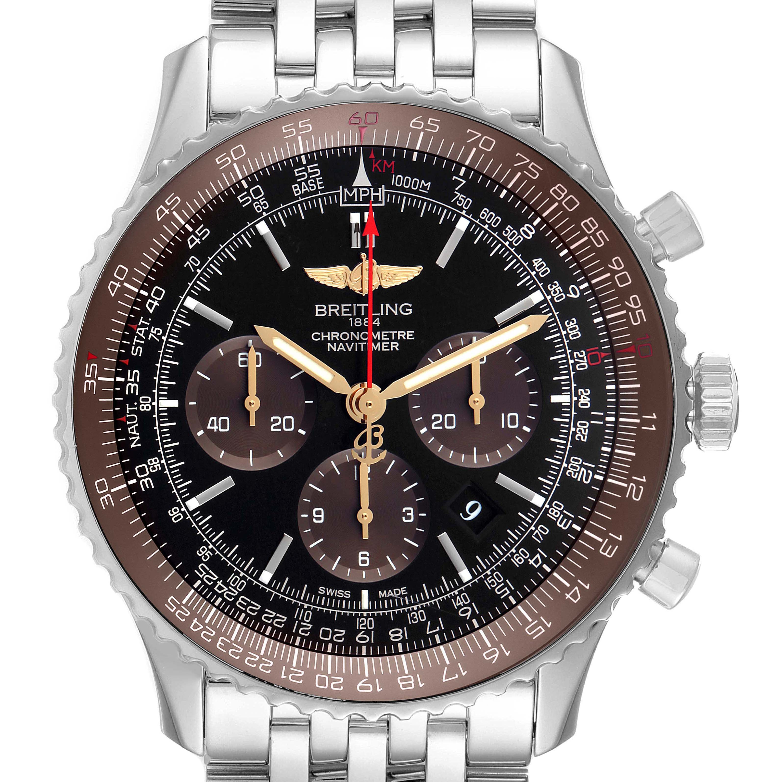 The image shows a frontal view of a Breitling Navitimer AB0127 Men's Stainless Steel Black Dial AB0127 Men's Stainless Steel Black Dial watch, displaying the dial, chronograph subdials, and metal bracelet.