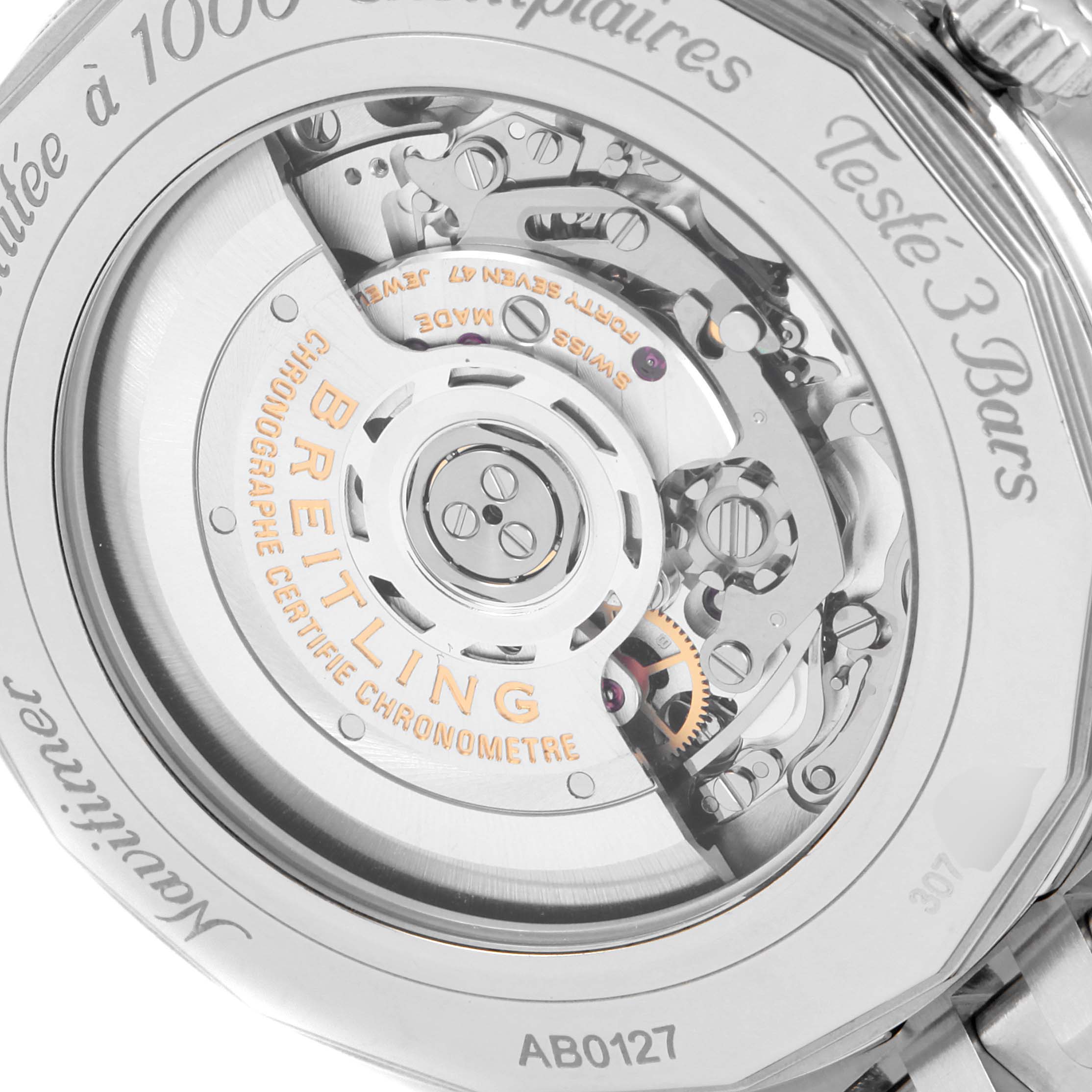 This image shows the back casing and exposed movement of a Breitling Navitimer AB0127 Men's Stainless Steel Black Dial AB0127 Men's Stainless Steel Black Dial watch.