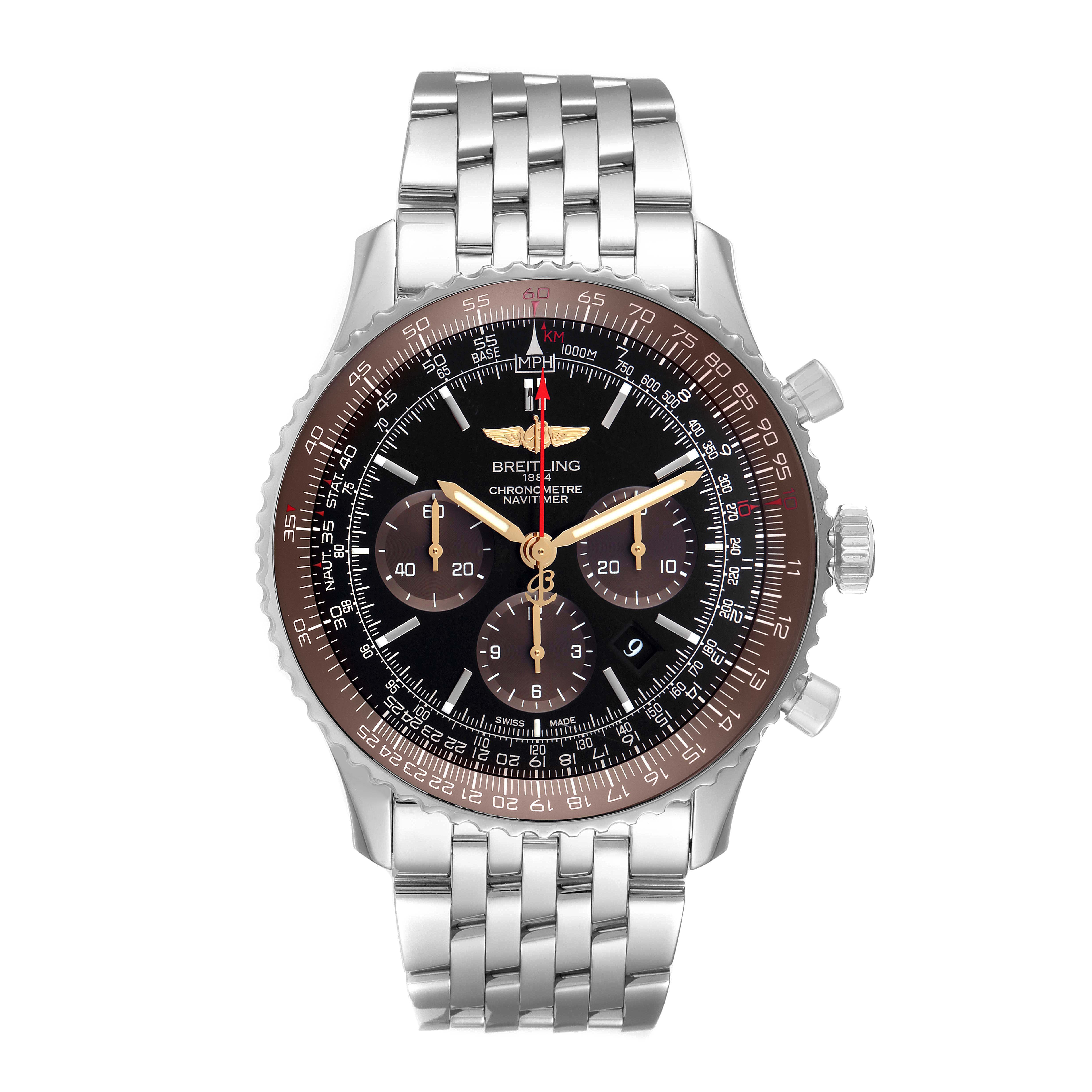 The Breitling Navitimer AB0127 Men's Stainless Steel Black Dial AB0127 Men's Stainless Steel Black Dial watch is shown from a top-down angle, displaying its face and metal bracelet.