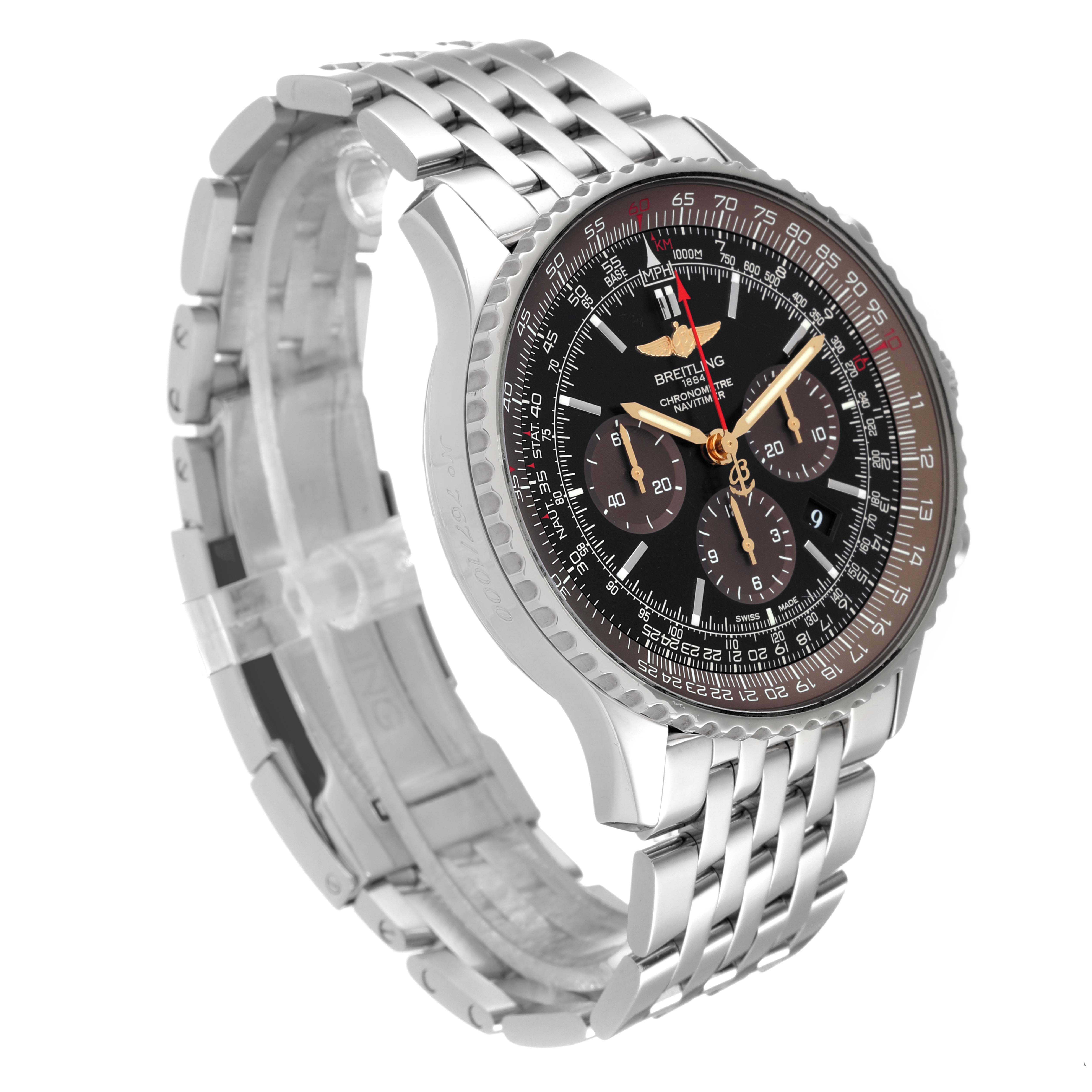 The Breitling Navitimer AB0127 Men's Stainless Steel Black Dial AB0127 Men's Stainless Steel Black Dial watch is shown at a three-quarter angle, displaying its face, bezel, and part of the bracelet.
