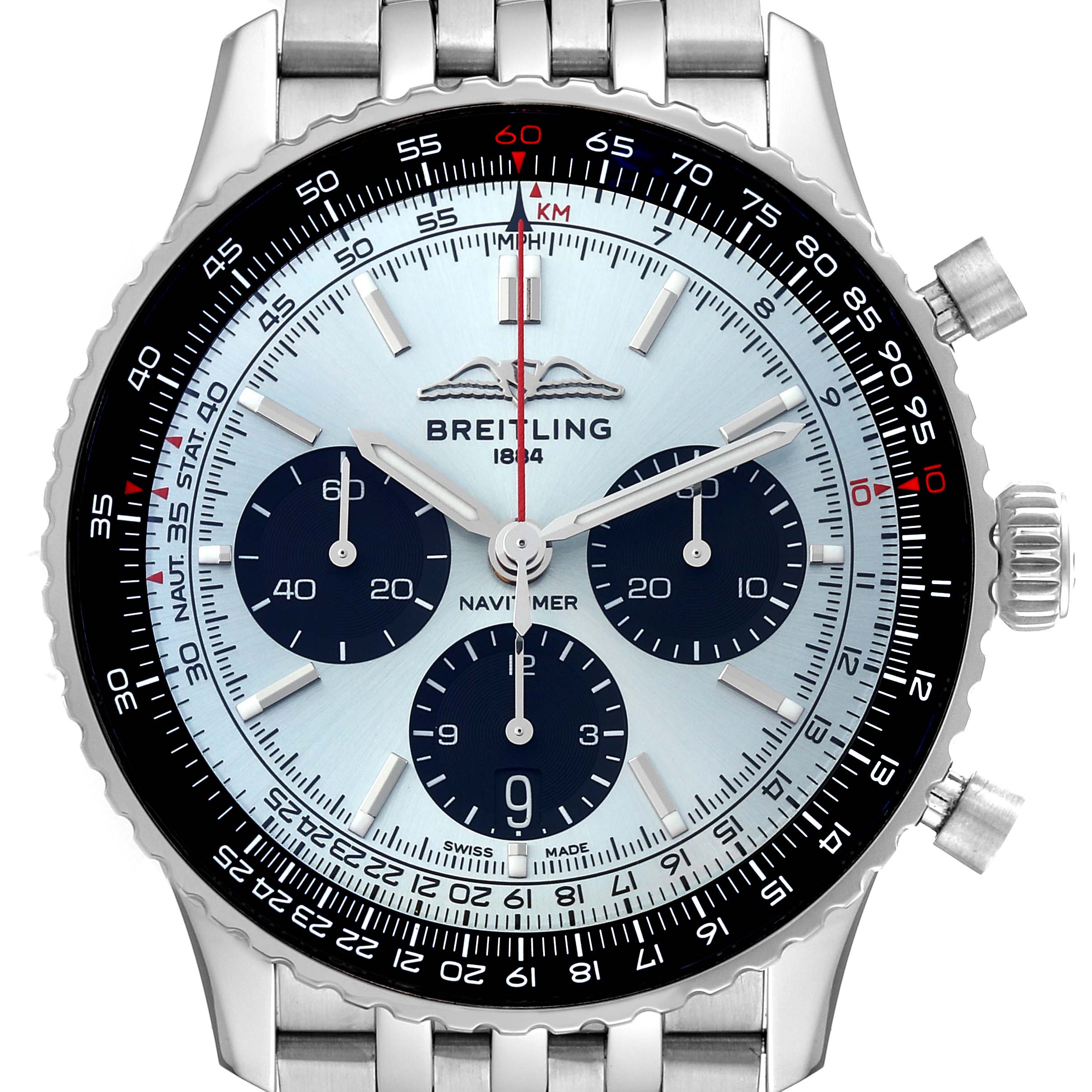 A front view of the Breitling Navitimer AB0138241C1A1 Men's Stainless Steel Blue Dial AB0138241C1A1 Men's Stainless Steel Blue Dial watch showing the dial, bezel, subdials, and part of the bracelet.