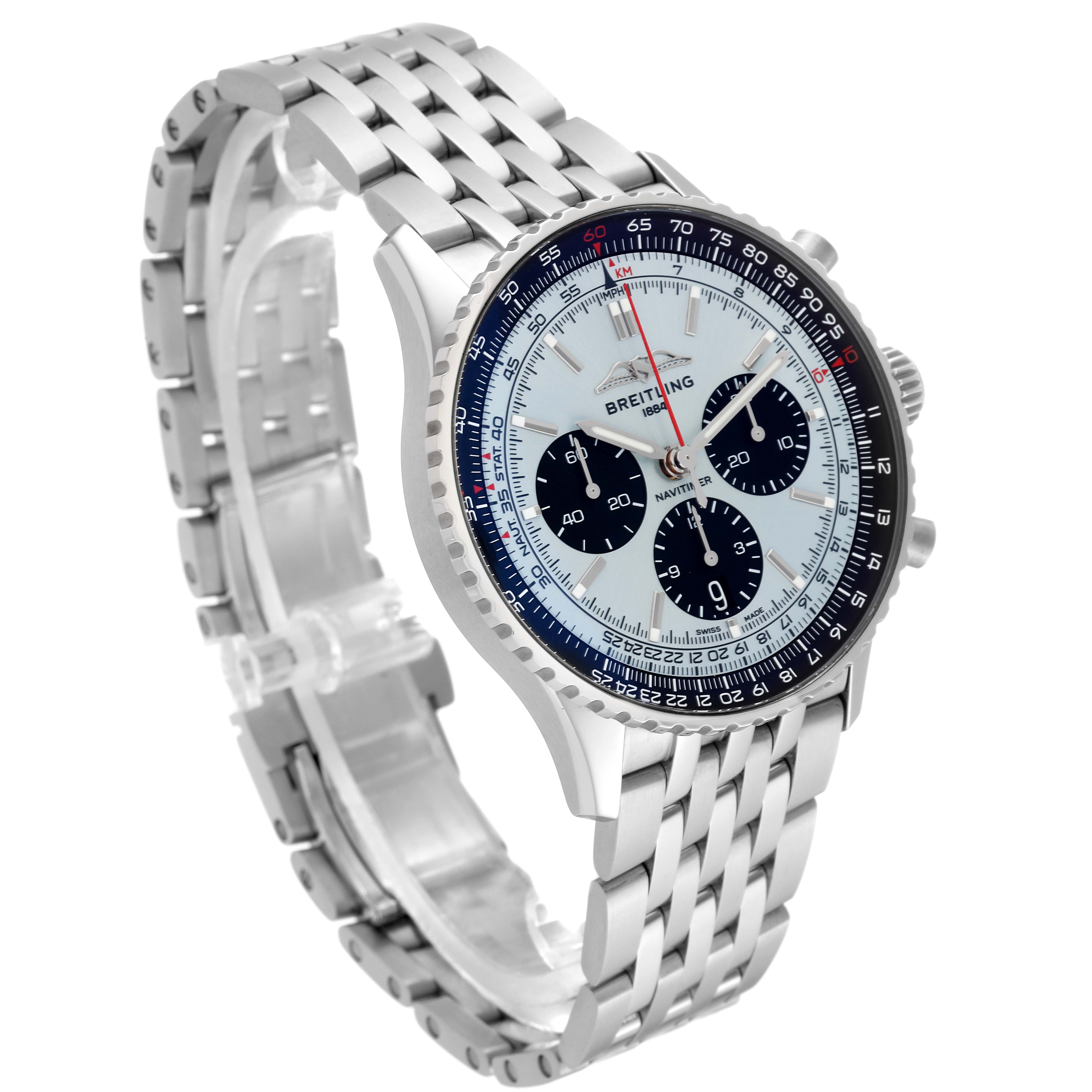 The image shows a side-angle view of the Breitling Navitimer AB0138241C1A1 Men's Stainless Steel Blue Dial AB0138241C1A1 Men's Stainless Steel Blue Dial watch, showcasing its dial, bezel, and metal bracelet.