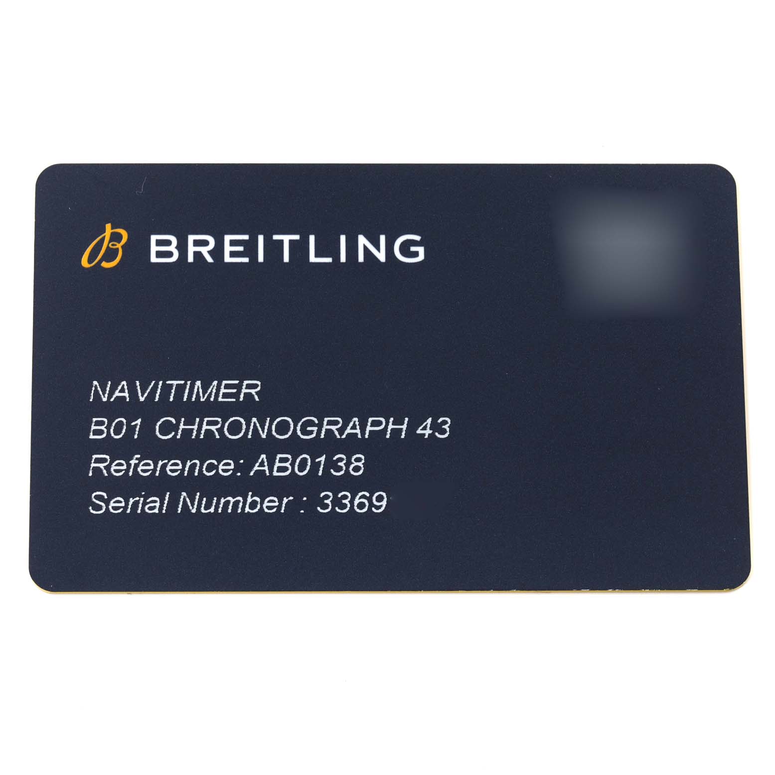 This image shows a Breitling Navitimer AB0138241C1A1 Men's Stainless Steel Blue Dial AB0138241C1A1 Men's Stainless Steel Blue Dial B01 Chronograph 43 warranty card with reference and serial numbers.