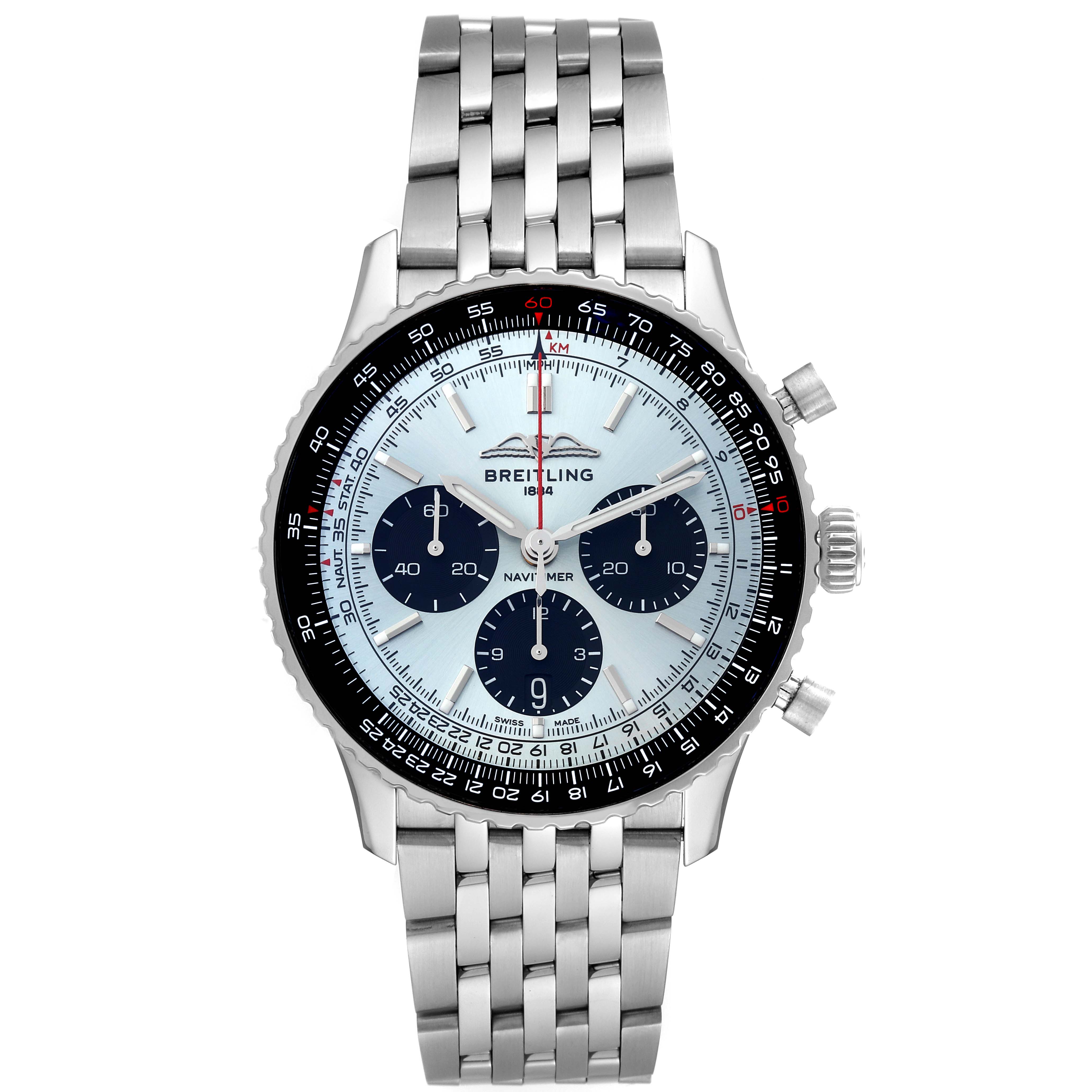 This Navitimer model by Breitling is shown from the front, displaying the full dial and bracelet.