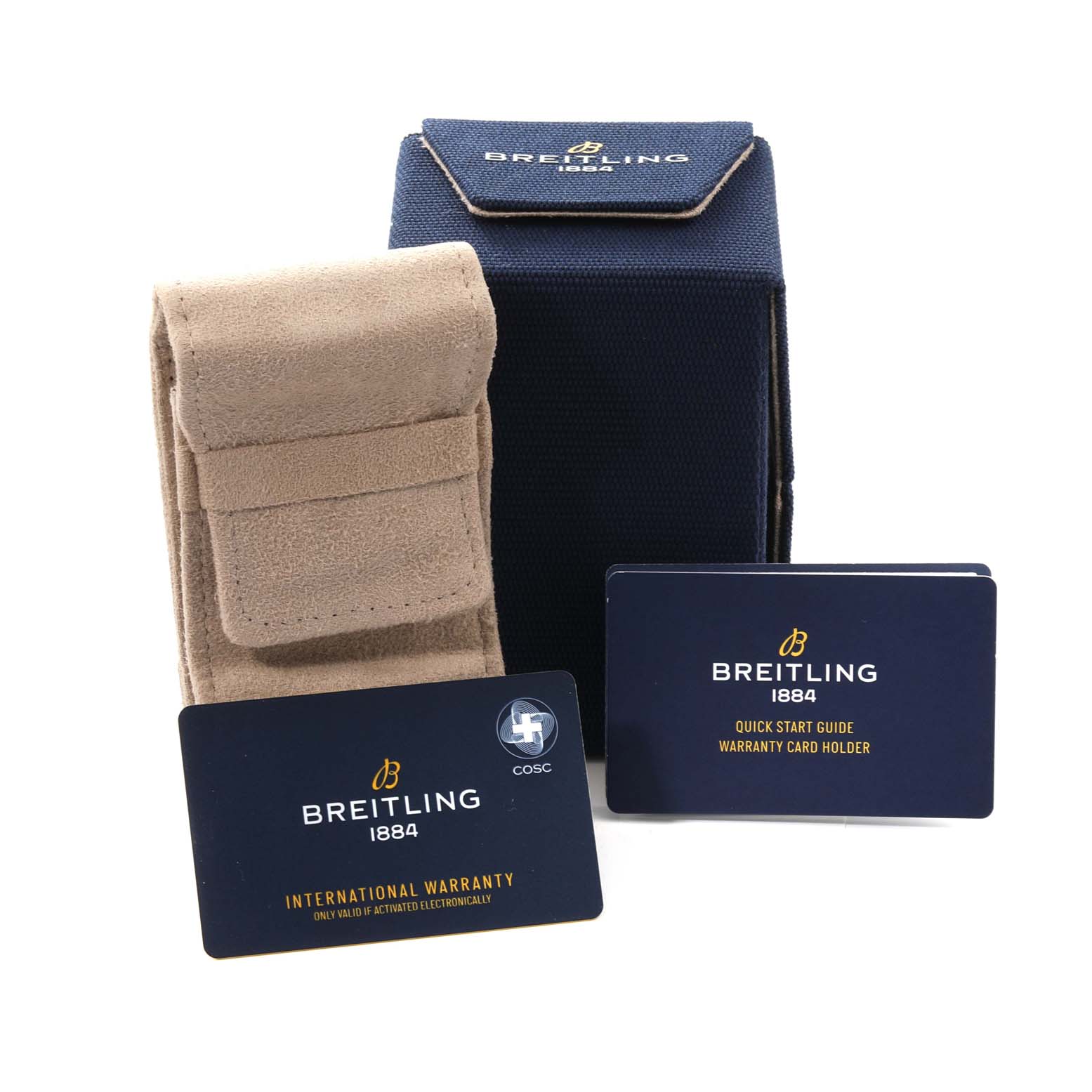 The image shows a Breitling Navitimer AB0138241C1A1 Men's Stainless Steel Blue Dial AB0138241C1A1 Men's Stainless Steel Blue Dial watch box, a suede travel pouch, and warranty cards from a front angle.