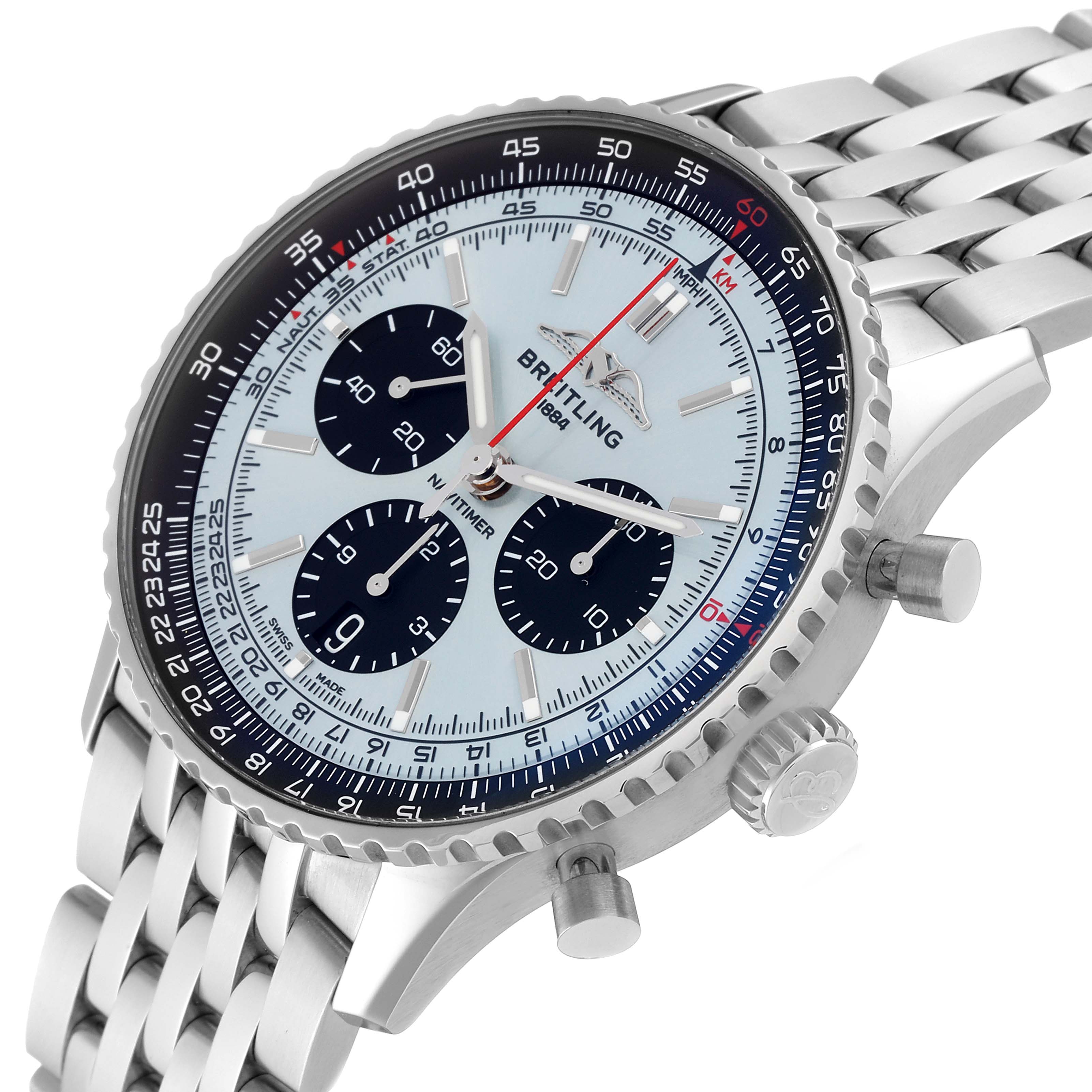 The image shows a close-up angle of the Breitling Navitimer AB0138241C1A1 Men's Stainless Steel Blue Dial AB0138241C1A1 Men's Stainless Steel Blue Dial watch, highlighting its face, dial, and stainless steel bracelet.