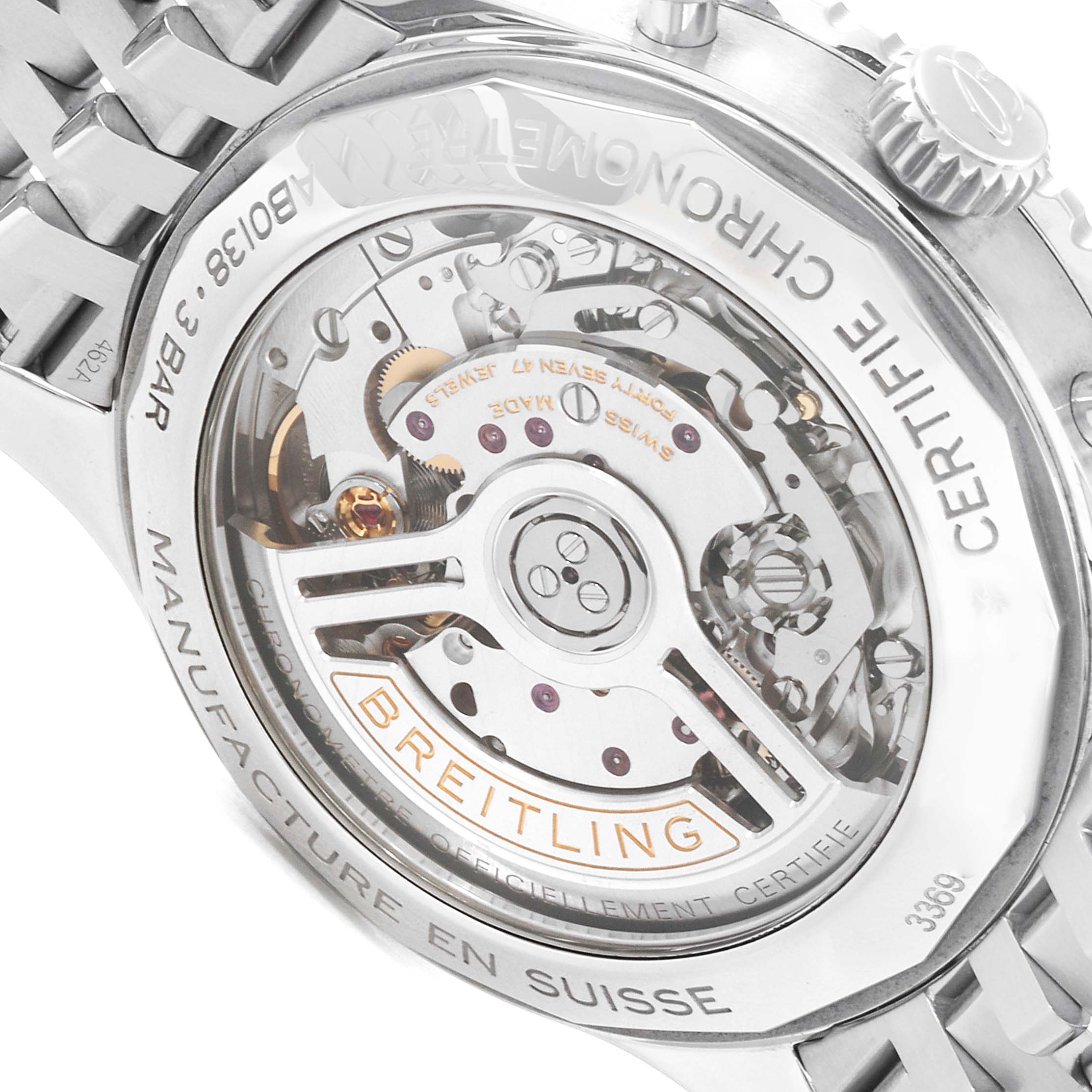 This image shows the back view of a Breitling Navitimer AB0138241C1A1 Men's Stainless Steel Blue Dial AB0138241C1A1 Men's Stainless Steel Blue Dial model, highlighting its automatic movement and rotor.