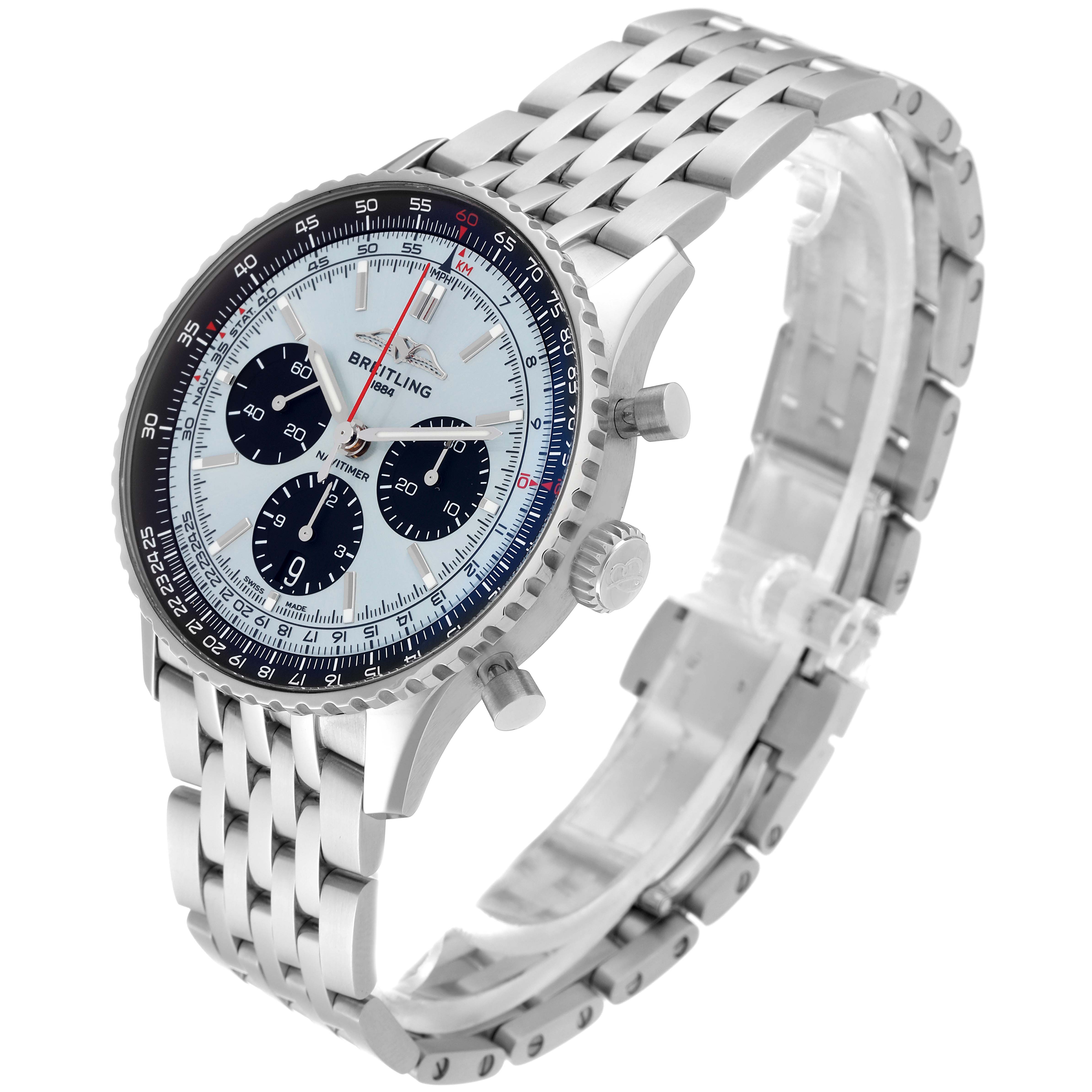 The Breitling Navitimer AB0138241C1A1 Men's Stainless Steel Blue Dial AB0138241C1A1 Men's Stainless Steel Blue Dial watch is shown at an angled side view, showcasing its stainless steel bracelet, case, and face with three sub-dials.