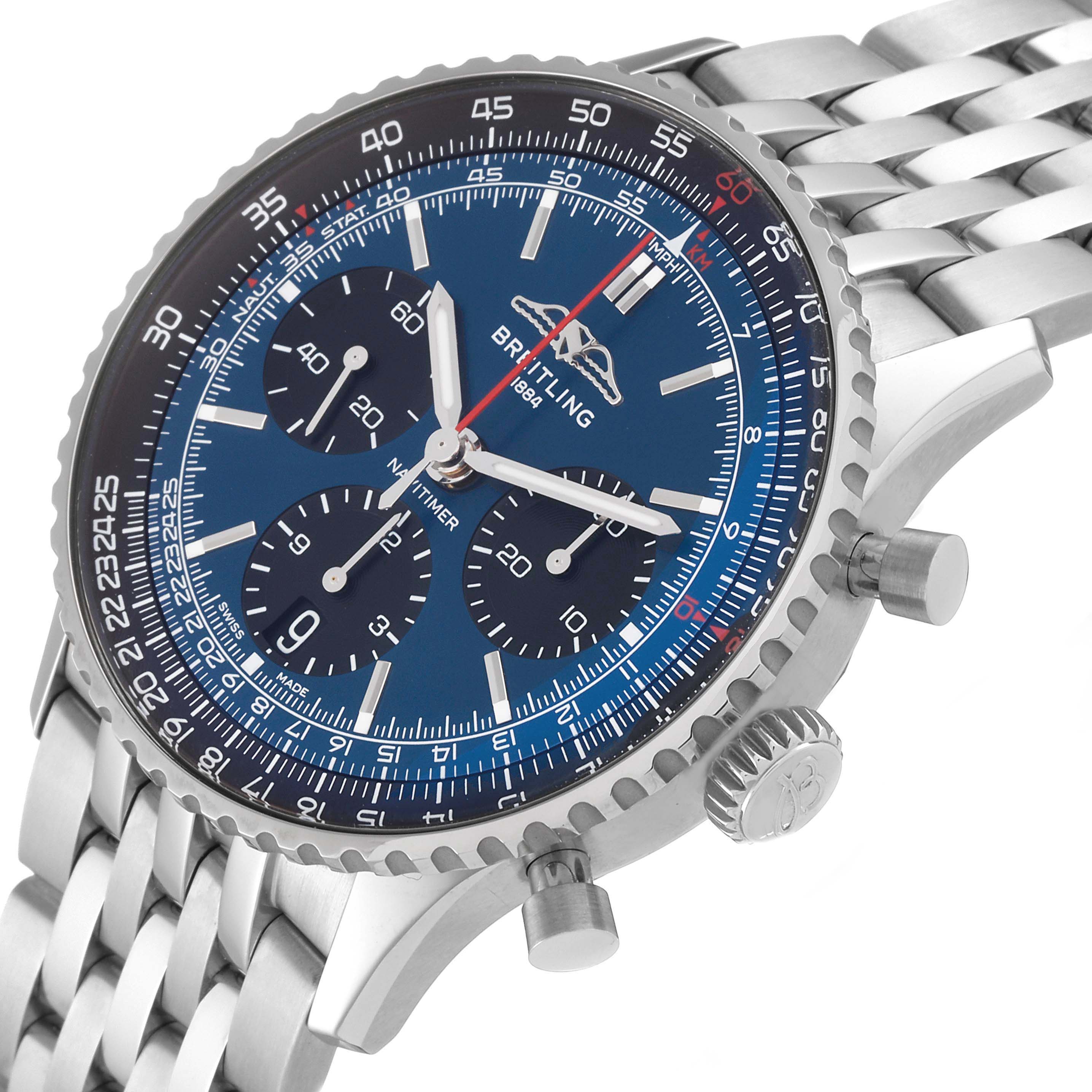 The image shows a close-up angled view of a Breitling Navitimer AB0139241C1A1 Men's Stainless Steel Blue Dial AB0139241C1A1 Men's Stainless Steel Blue Dial watch, highlighting the dial, bezel, crown, pushers, and part of the bracelet.