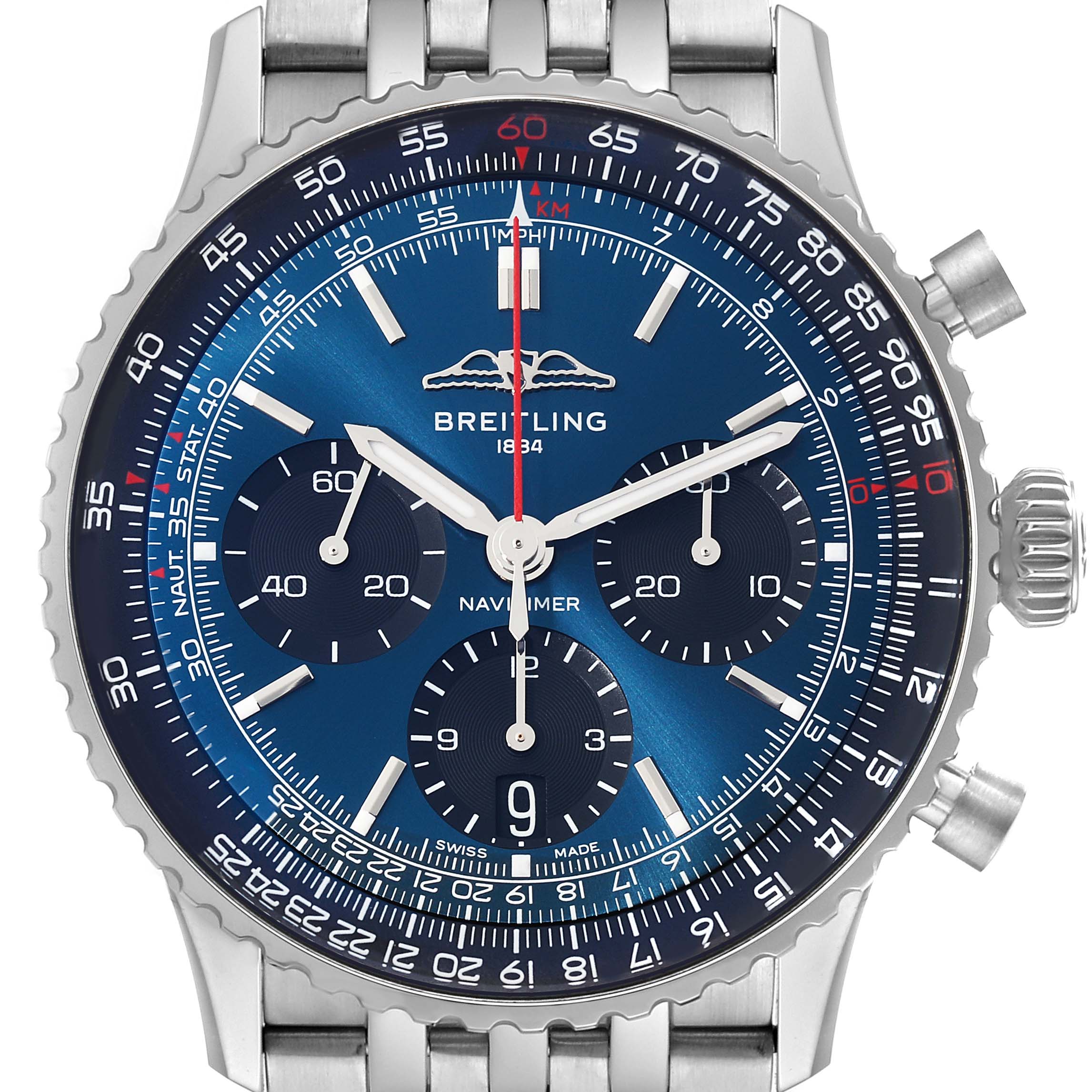 The image shows a front-facing view of a Breitling Navitimer AB0139241C1A1 Men's Stainless Steel Blue Dial AB0139241C1A1 Men's Stainless Steel Blue Dial watch, displaying the watch face, chronograph subdials, bezel, and part of the bracelet.