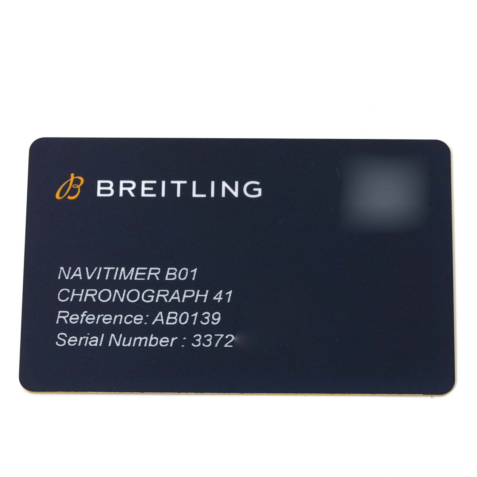 The image shows a warranty card for the Breitling Navitimer AB0139241C1A1 Men's Stainless Steel Blue Dial AB0139241C1A1 Men's Stainless Steel Blue Dial B01 Chronograph 41 watch.