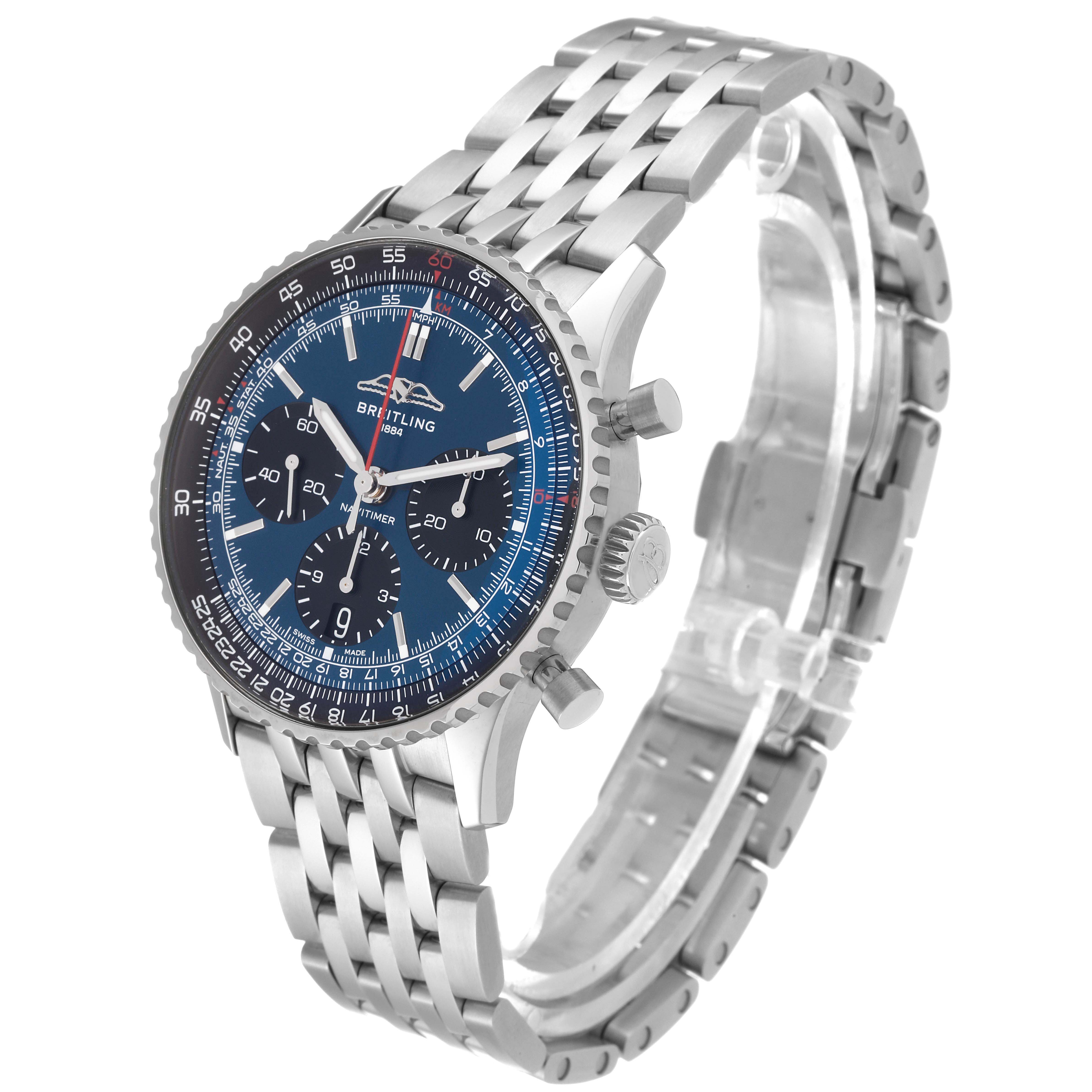 The Breitling Navitimer AB0139241C1A1 Men's Stainless Steel Blue Dial AB0139241C1A1 Men's Stainless Steel Blue Dial watch is shown at a three-quarter angle, highlighting its dial, crown, and stainless steel bracelet.