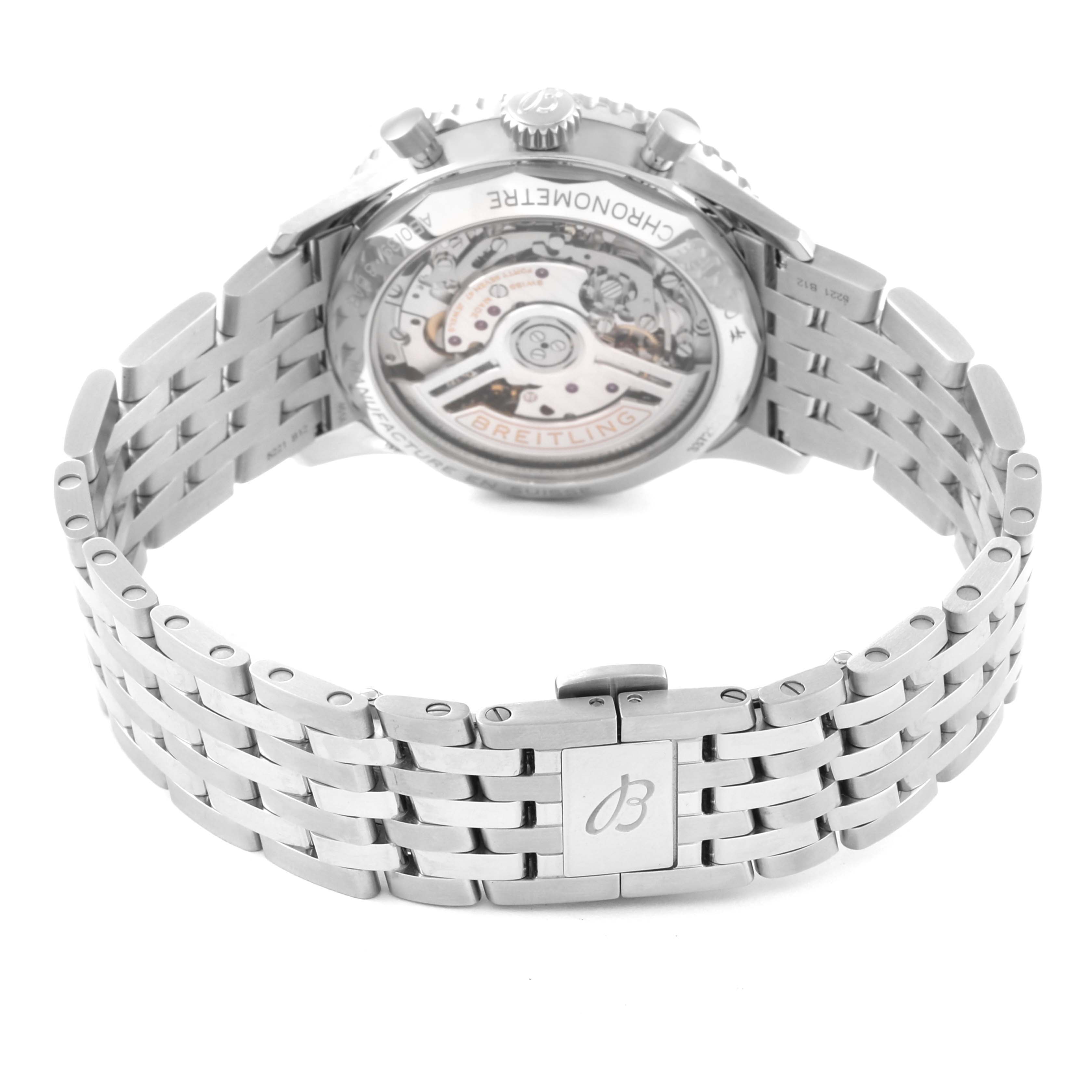 The image shows the back view of a Breitling Navitimer AB0139241C1A1 Men's Stainless Steel Blue Dial AB0139241C1A1 Men's Stainless Steel Blue Dial watch, highlighting the exhibition case back and stainless steel bracelet.