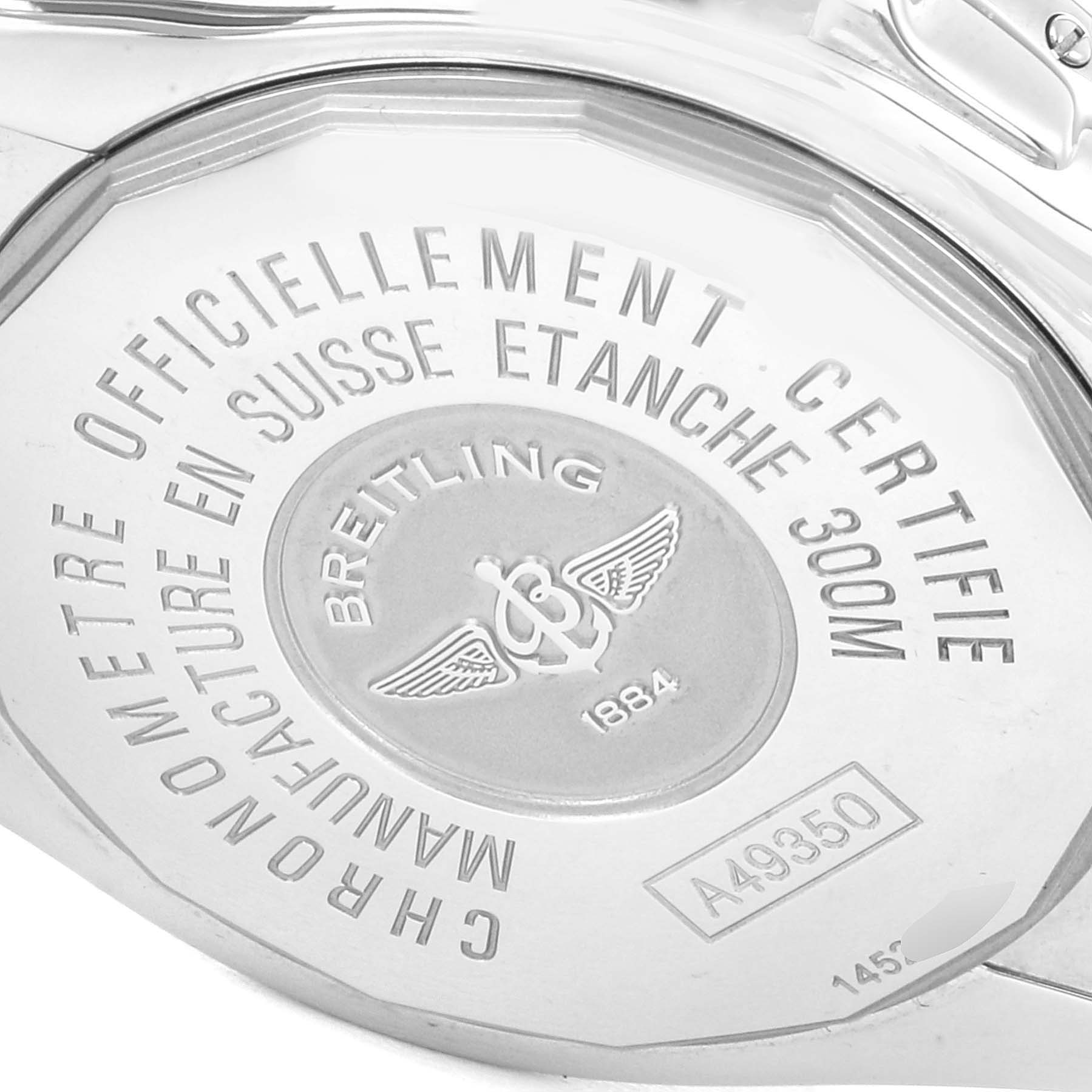 This image shows the back casing of a Breitling Windrider A49350 Men's Stainless Steel Blue Dial A49350 Men's Stainless Steel Blue Dial model watch, displaying branding and specification engravings.