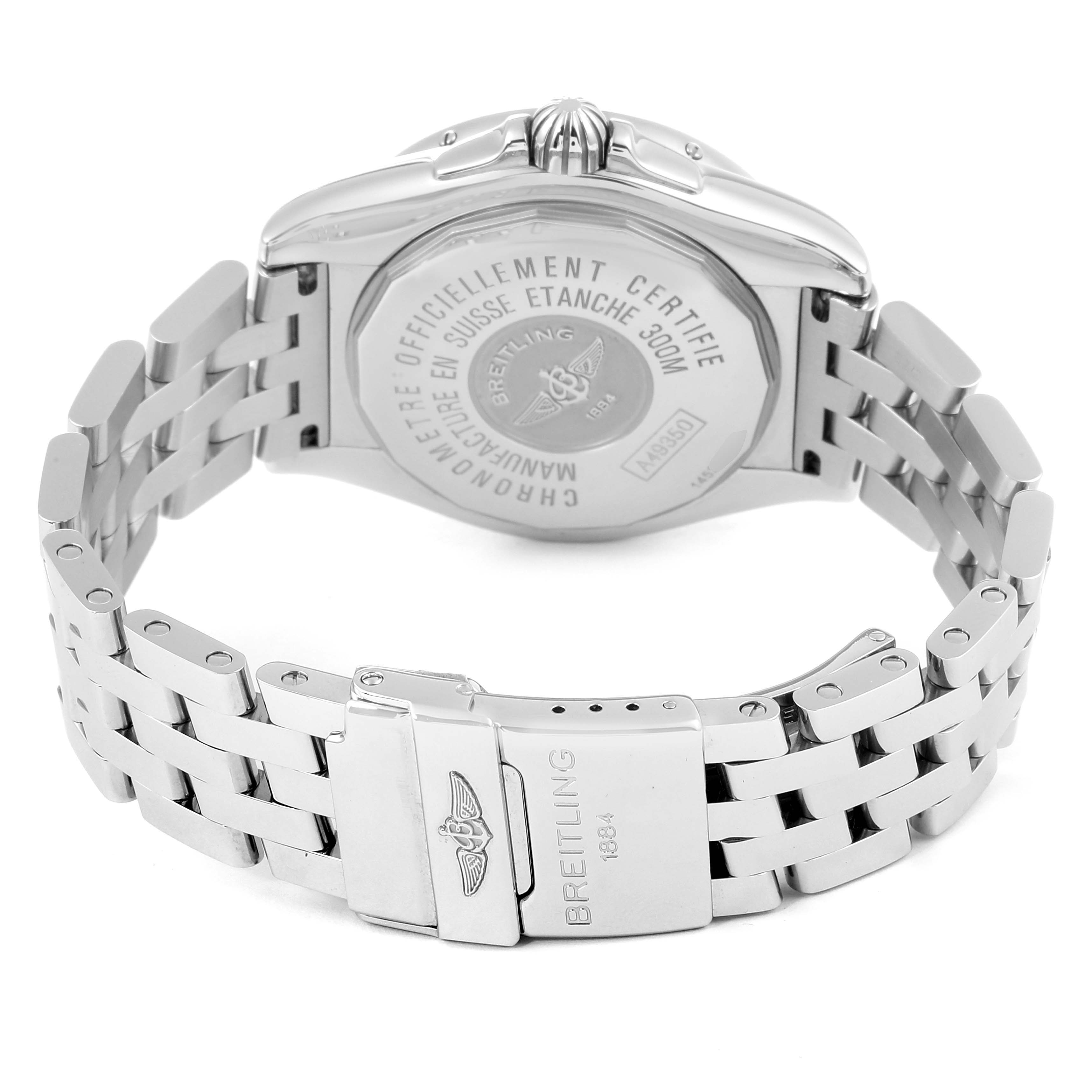 The image shows the back view of a Breitling Windrider A49350 Men's Stainless Steel Blue Dial A49350 Men's Stainless Steel Blue Dial watch, displaying its case back, crown, and metal bracelet with clasp.