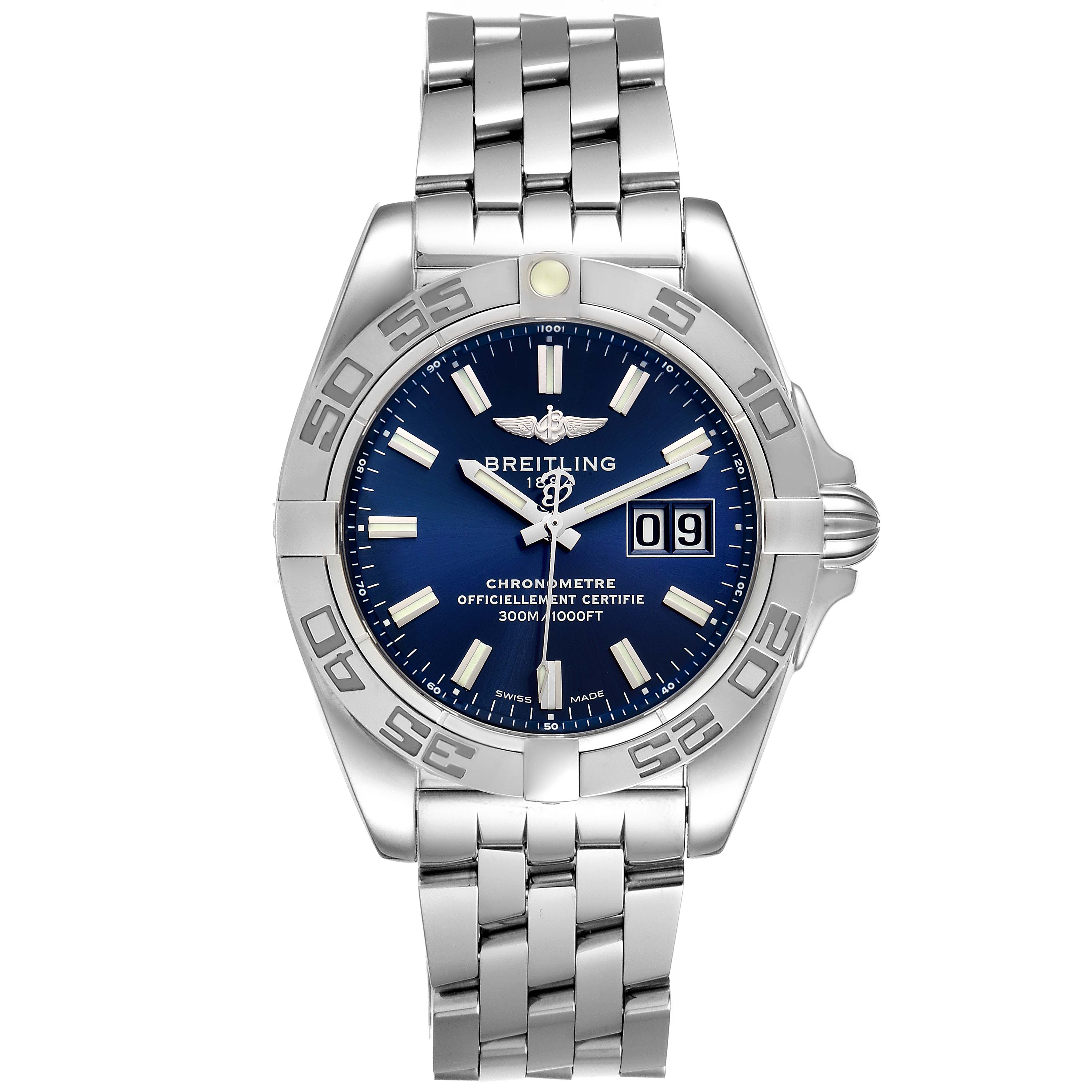 The image shows a Breitling Windrider A49350 Men's Stainless Steel Blue Dial A49350 Men's Stainless Steel Blue Dial watch from a front angle, displaying the dial, bezel, and part of the bracelet.