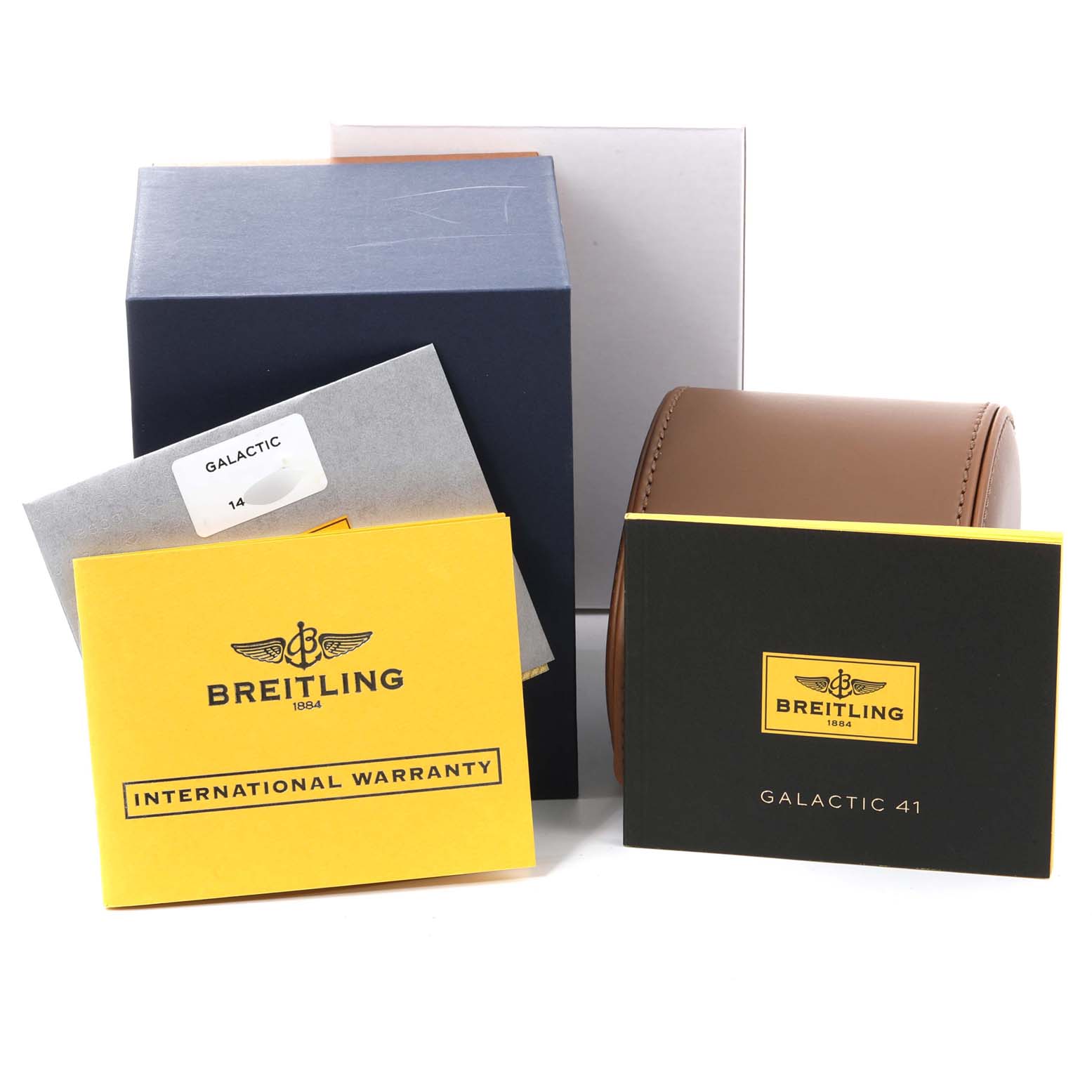 The image shows the packaging, international warranty card, and manual for the Breitling Windrider A49350 Men's Stainless Steel Blue Dial A49350 Men's Stainless Steel Blue Dial watch.
