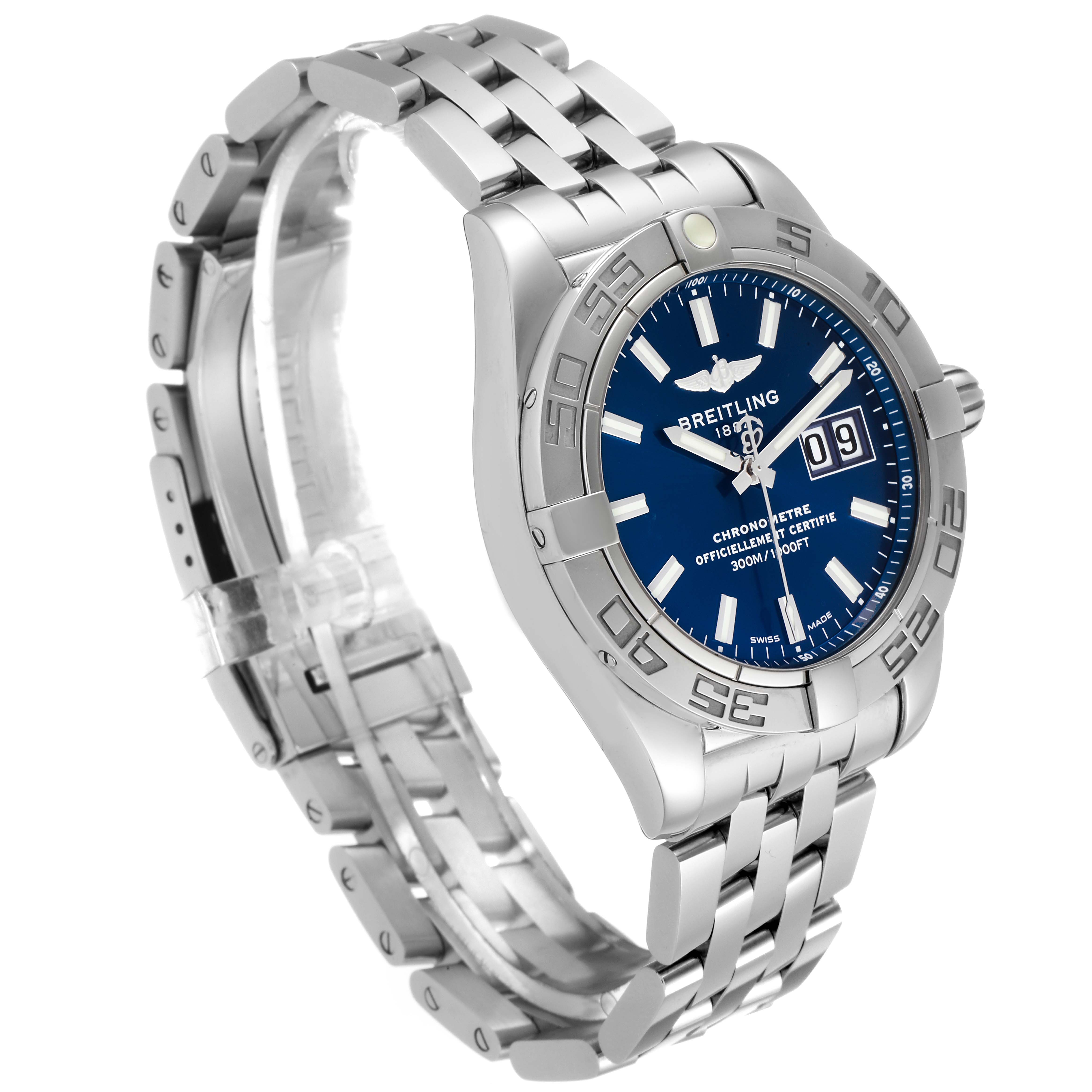 This image shows a Breitling Windrider A49350 Men's Stainless Steel Blue Dial A49350 Men's Stainless Steel Blue Dial watch at a three-quarter angle, highlighting its blue dial, bezel, and metal bracelet.