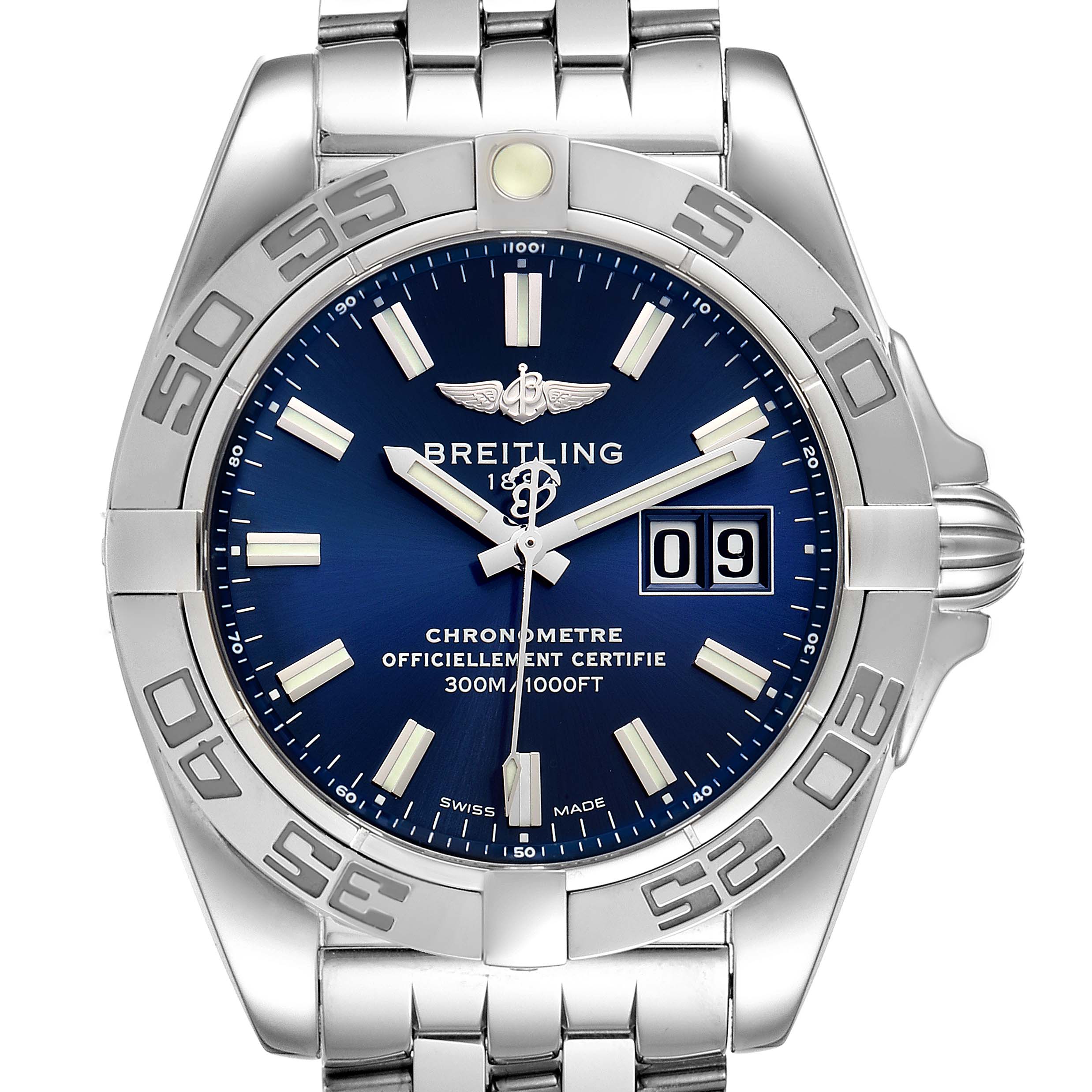 This image shows a close-up, front view of the Breitling Windrider A49350 Men's Stainless Steel Blue Dial A49350 Men's Stainless Steel Blue Dial watch highlighting its blue dial, stainless steel bezel, and bracelet.